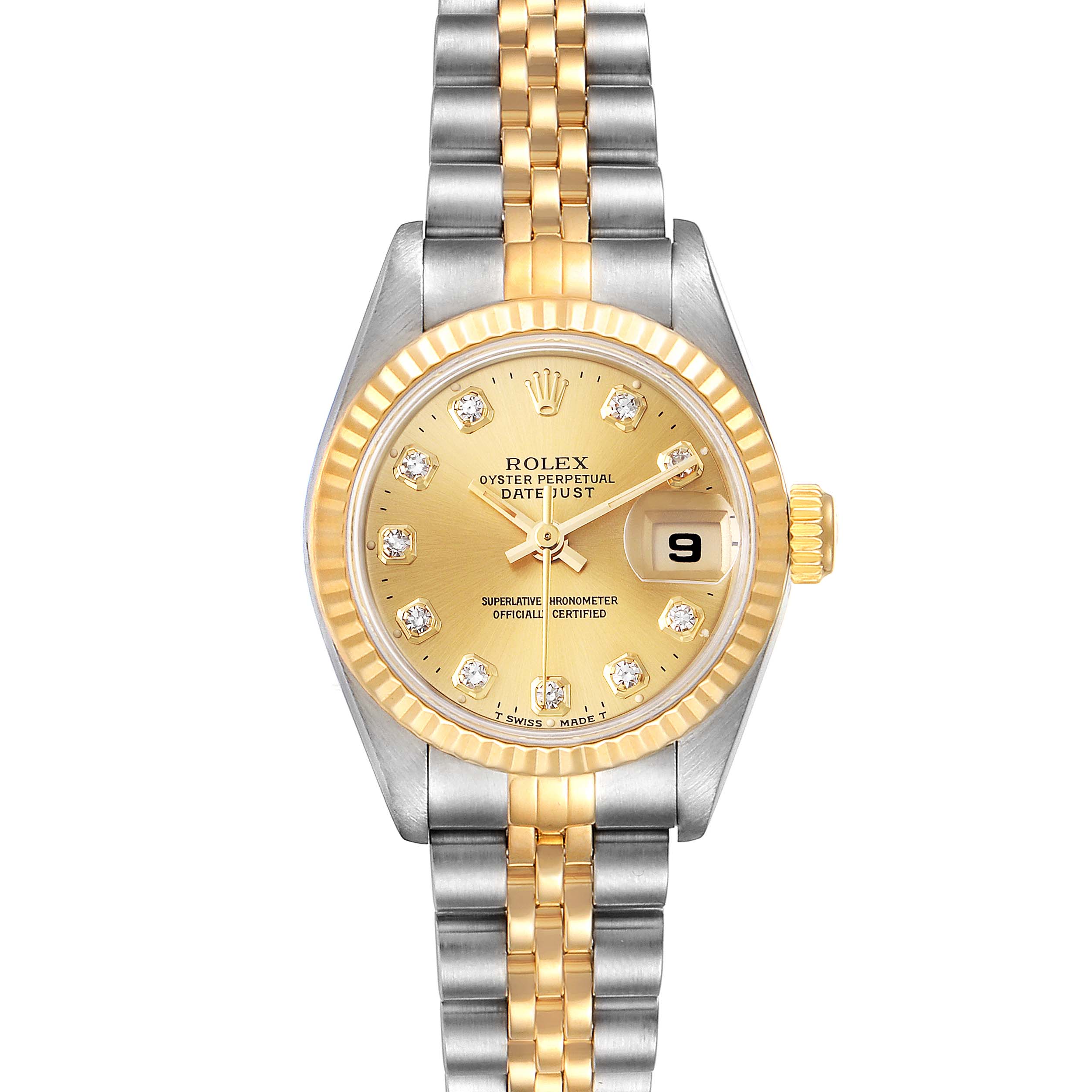 This image shows a Rolex Datejust 69173 Women's Steel and Gold (two tone) Champagne Dial 69173 Women's Steel and Gold (two tone) Champagne Dial watch from a frontal angle, highlighting its jubilee bracelet and gold dial with diamond hour markers.