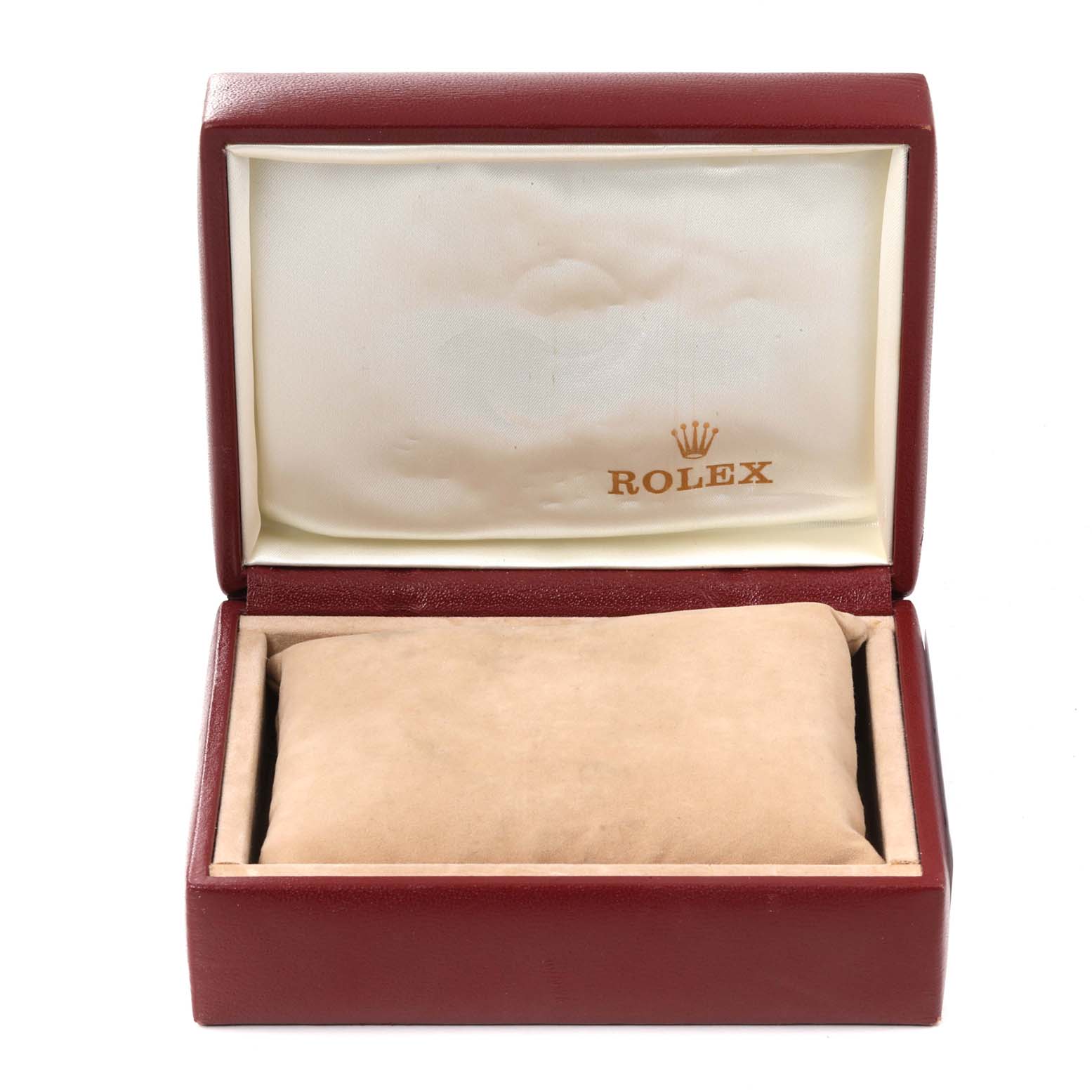 The image shows an open Rolex Datejust 69173 Women's Steel and Gold (two tone) Champagne Dial 69173 Women's Steel and Gold (two tone) Champagne Dial watch box, revealing the interior cushion but without the watch.