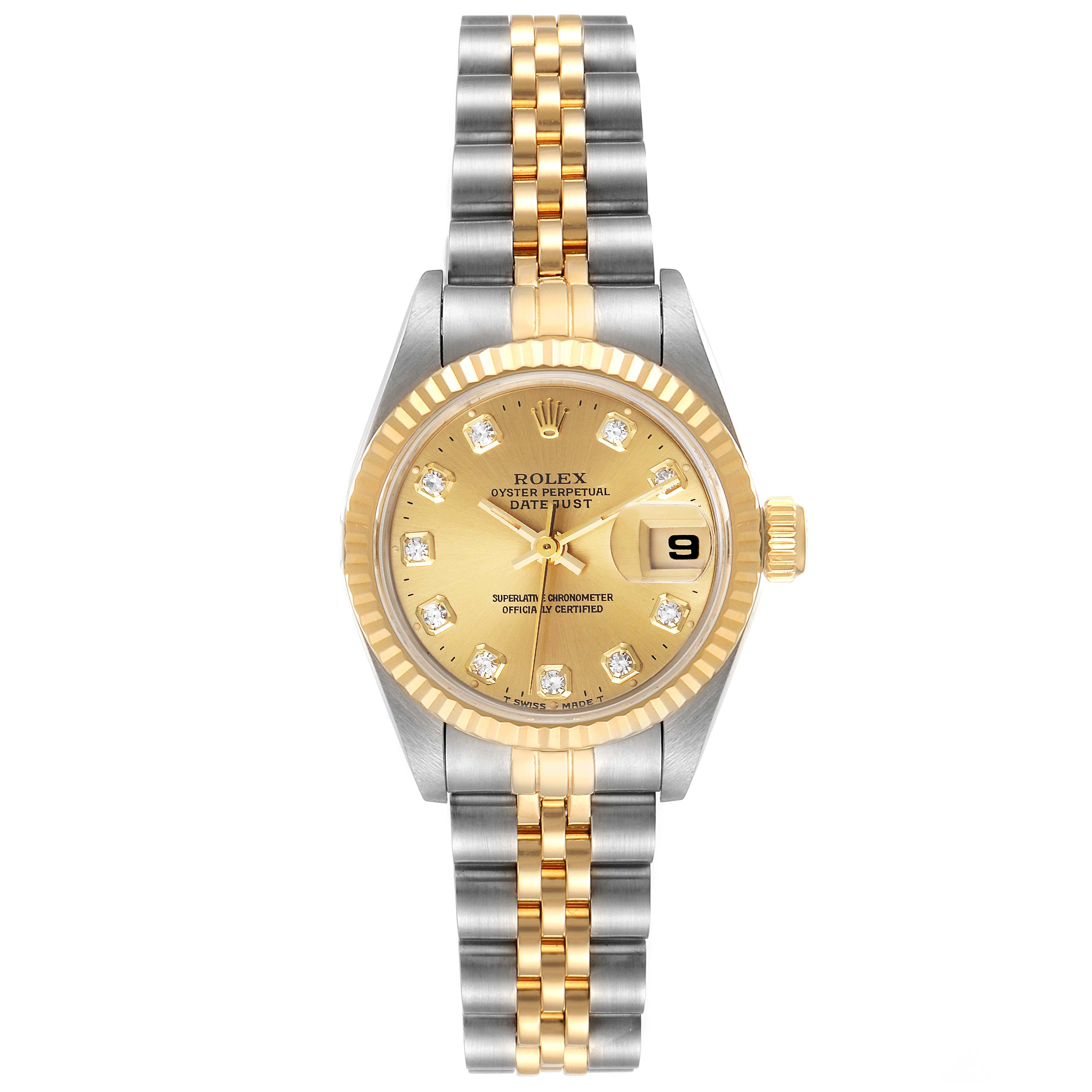 This image shows a front view of a Rolex Datejust 69173 Women's Steel and Gold (two tone) Champagne Dial 69173 Women's Steel and Gold (two tone) Champagne Dial watch, highlighting its face, bezel, and two-tone bracelet.