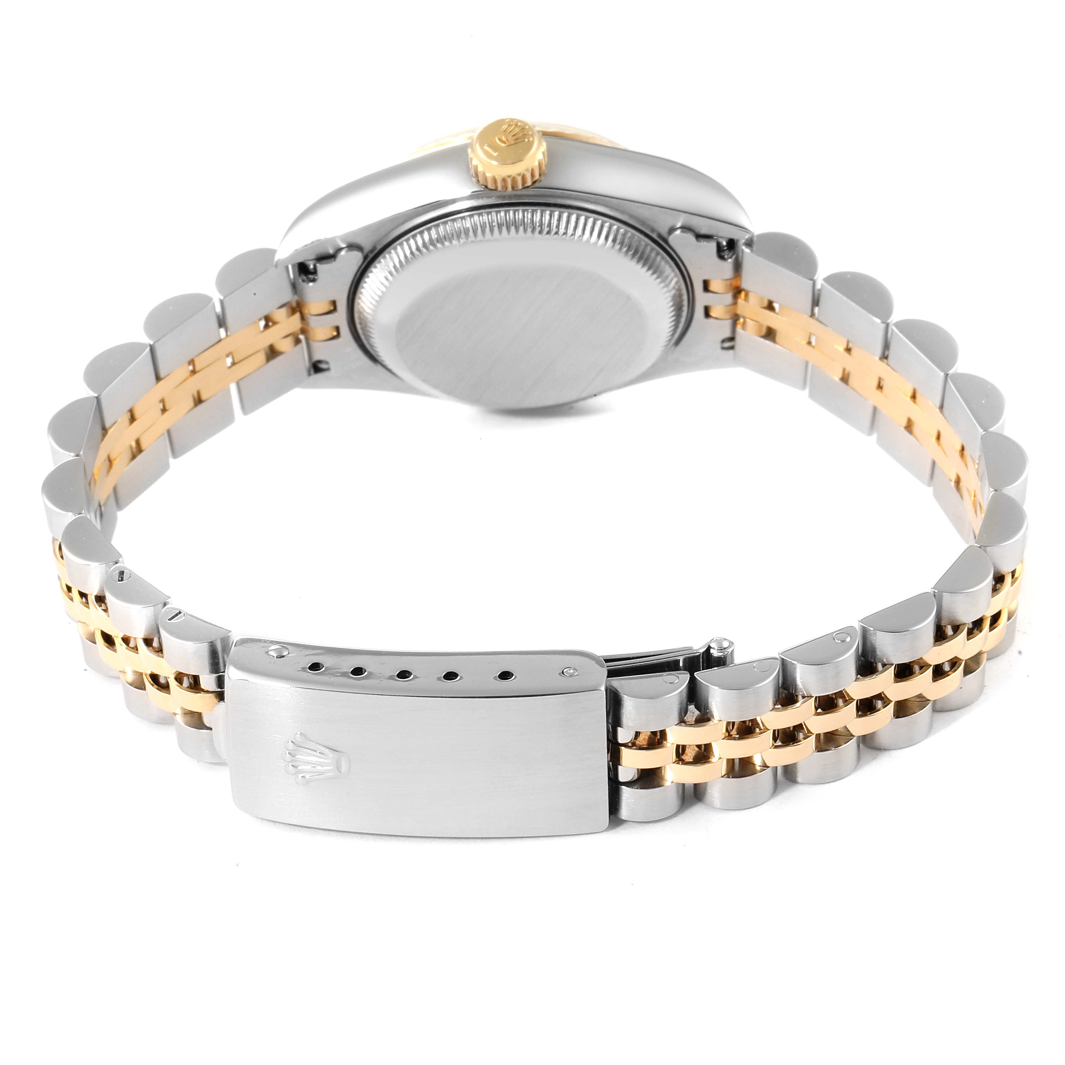 The image shows the back view of a Rolex Datejust 69173 Women's Steel and Gold (two tone) Champagne Dial 69173 Women's Steel and Gold (two tone) Champagne Dial watch, highlighting its two-tone bracelet and clasp.