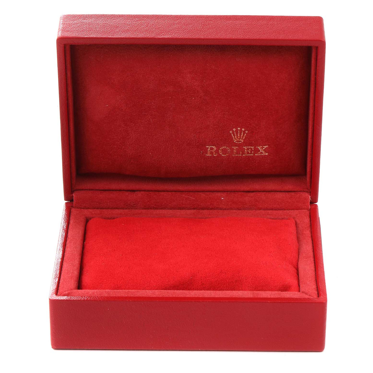 This is a red watch box for the Rolex Datejust 69173 Women's Steel and Gold (two tone) Champagne Dial 69173 Women's Steel and Gold (two tone) Champagne Dial model shown from a front view with the lid open.