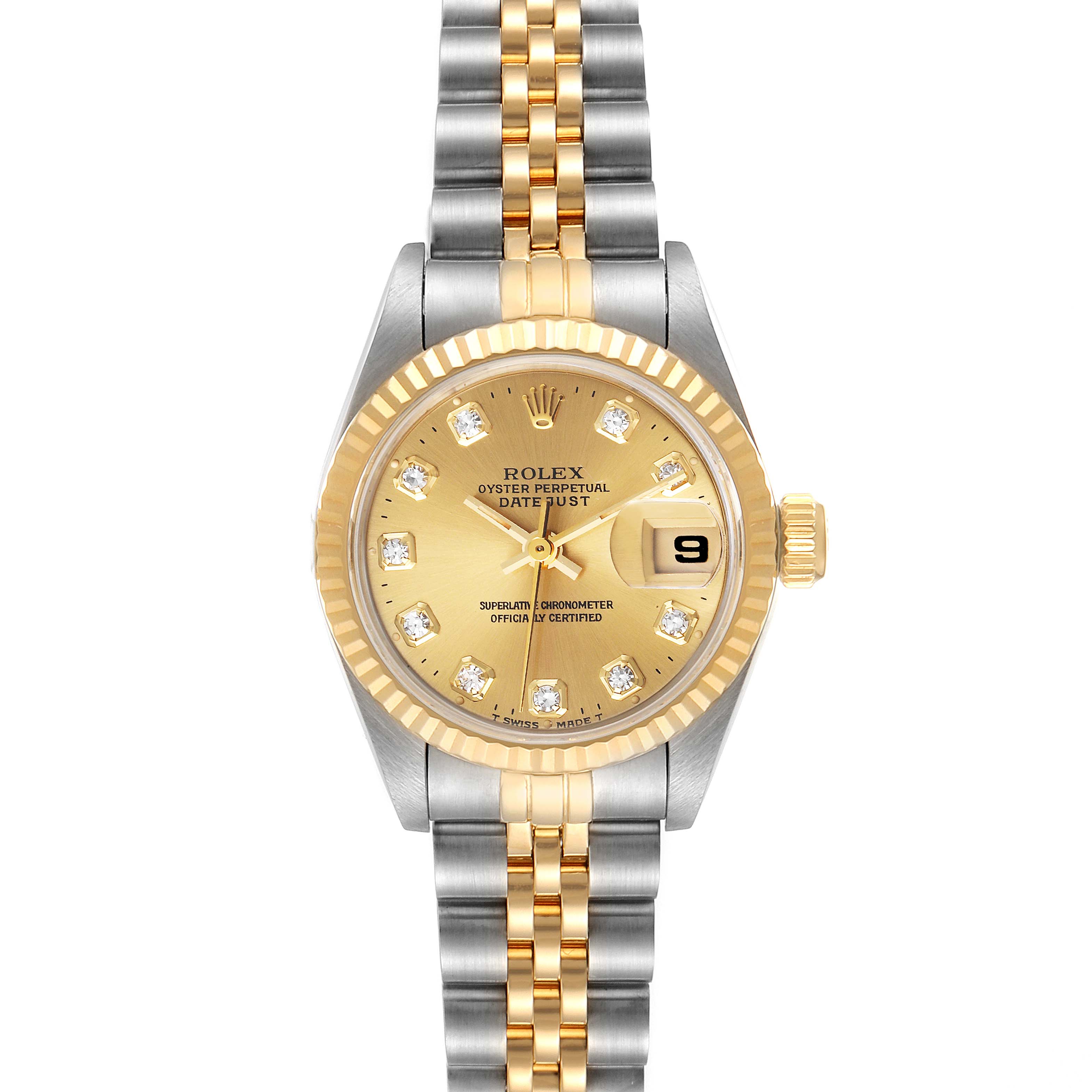 This is a front view of a Rolex Datejust 69173 Women's Steel and Gold (two tone) Champagne Dial 69173 Women's Steel and Gold (two tone) Champagne Dial watch displaying the dial, hands, date window, and two-tone bracelet.