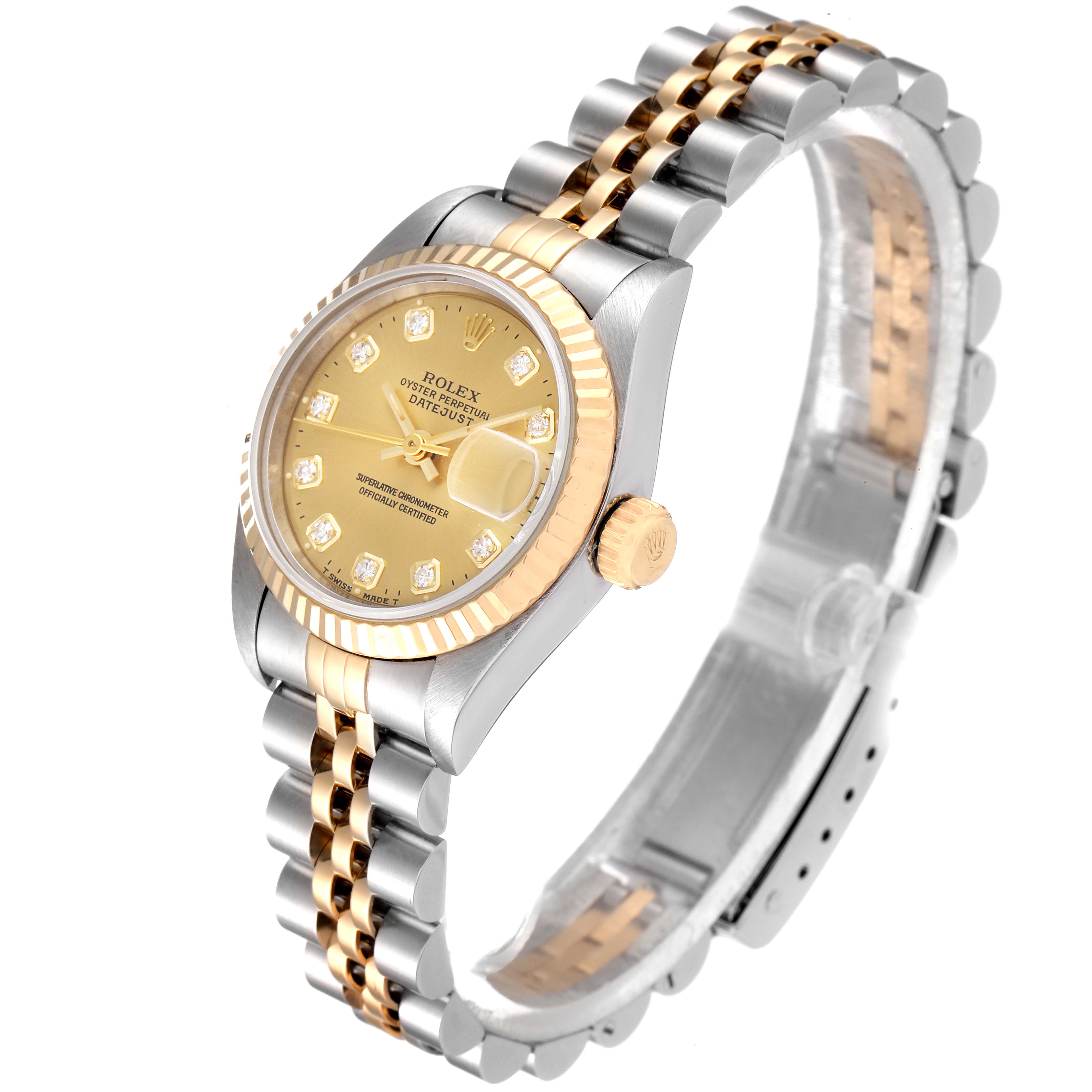 The Rolex Datejust 69173 Women's Steel and Gold (two tone) Champagne Dial 69173 Women's Steel and Gold (two tone) Champagne Dial watch is shown at an angle highlighting its gold dial, fluted bezel, and two-tone Jubilee bracelet.