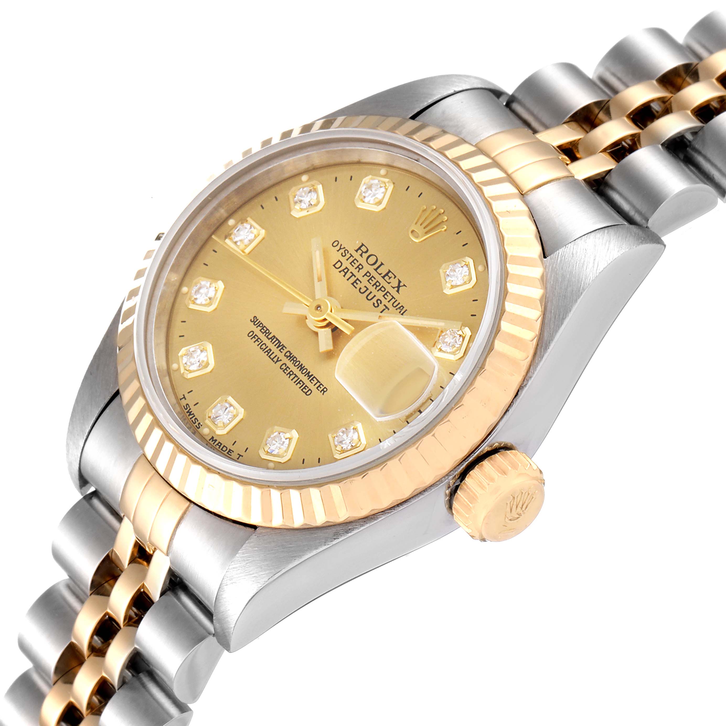 The image shows a side angle of a Rolex Datejust 69173 Women's Steel and Gold (two tone) Champagne Dial 69173 Women's Steel and Gold (two tone) Champagne Dial watch, highlighting the dial, bezel, crown, and part of the bracelet.