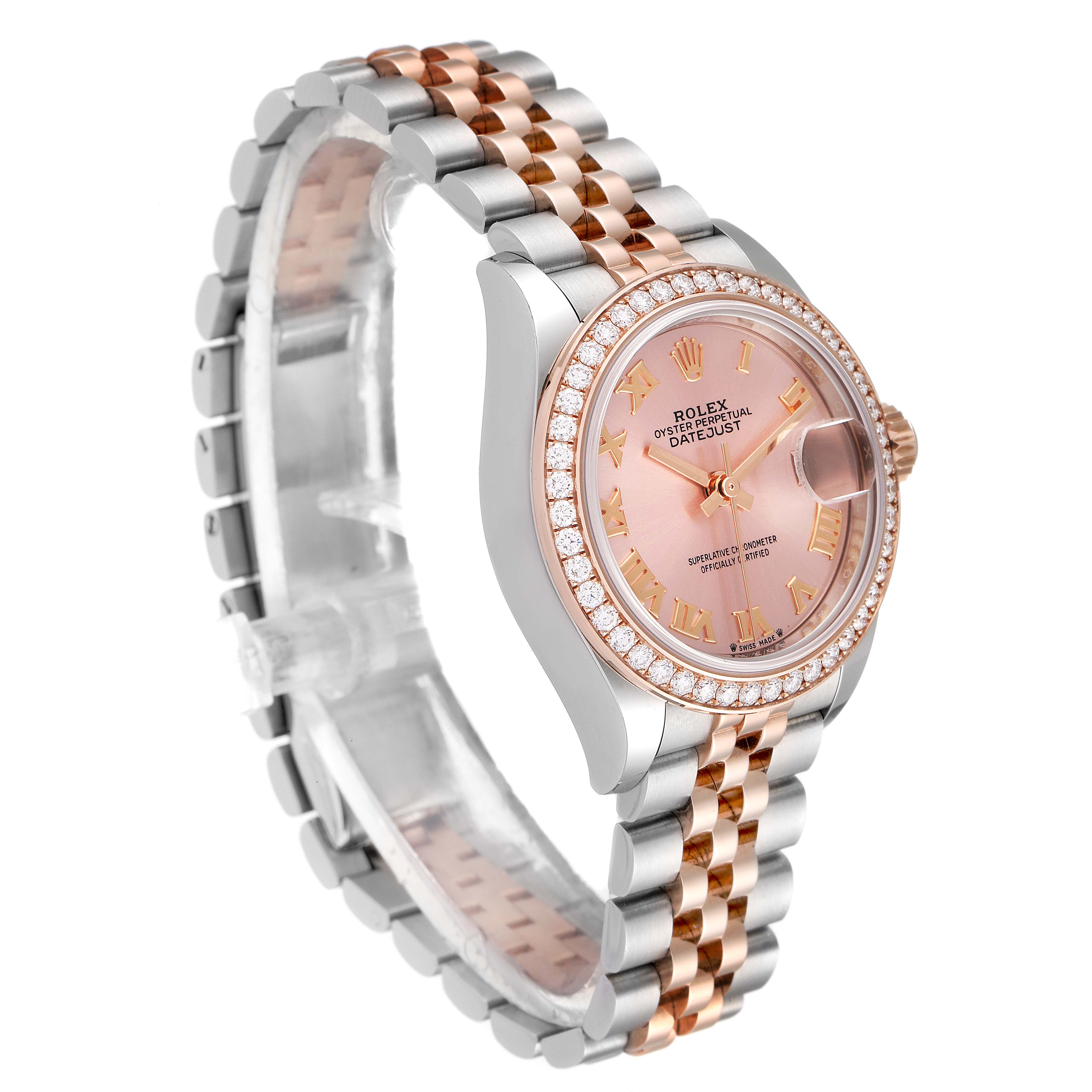 The image shows a Rolex Datejust 279381 Women's Steel and Gold (two tone) Pink Dial 279381 Women's Steel and Gold (two tone) Pink Dial watch angled to display the face, bezel, and part of the Jubilee bracelet.