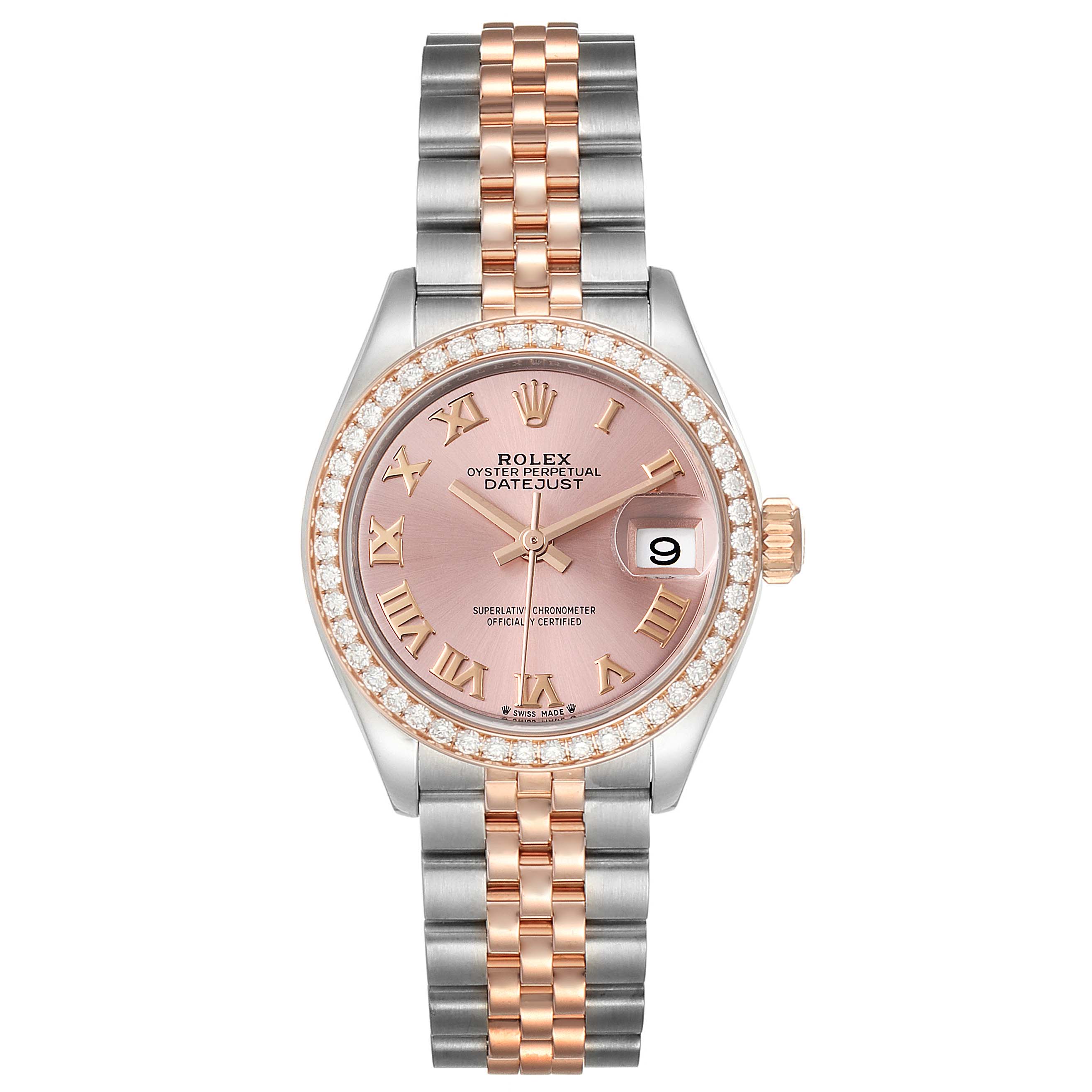 The image shows a Rolex Datejust 279381 Women's Steel and Gold (two tone) Pink Dial 279381 Women's Steel and Gold (two tone) Pink Dial watch with a pink dial, diamond bezel, and two-tone metal bracelet viewed from the front.