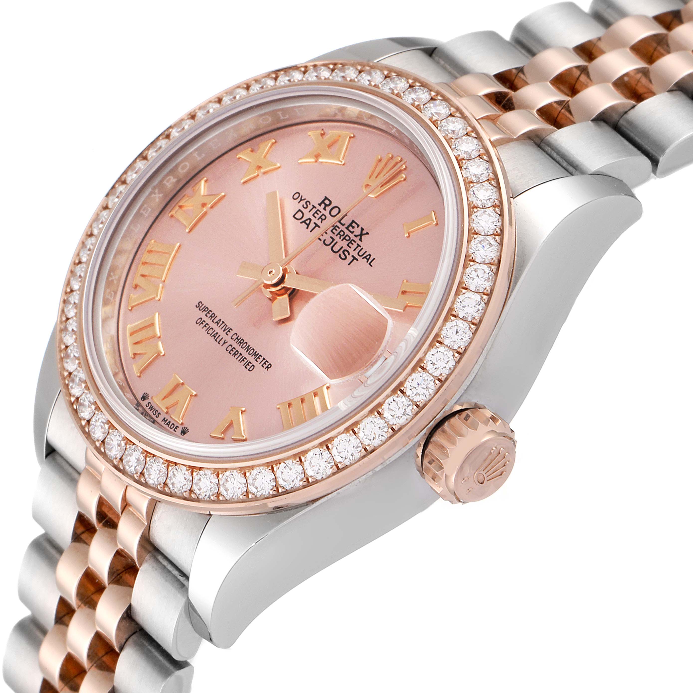 The image shows a close-up angled view of a Rolex Datejust 279381 Women's Steel and Gold (two tone) Pink Dial 279381 Women's Steel and Gold (two tone) Pink Dial, highlighting the dial, bezel, crown, and part of the bracelet.