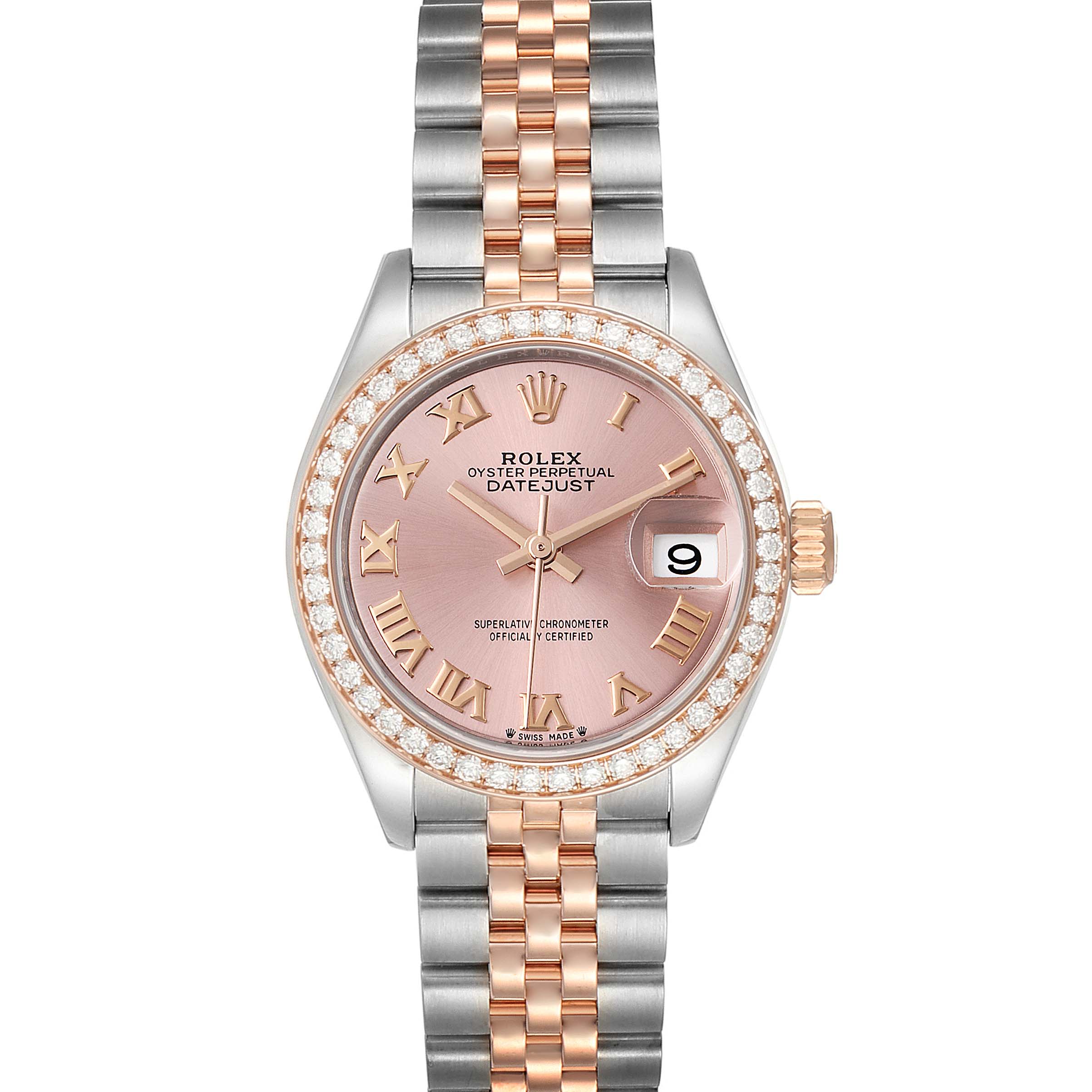The image shows a front view of a Rolex Datejust 279381 Women's Steel and Gold (two tone) Pink Dial 279381 Women's Steel and Gold (two tone) Pink Dial displaying the dial, bezel, and bracelet.
