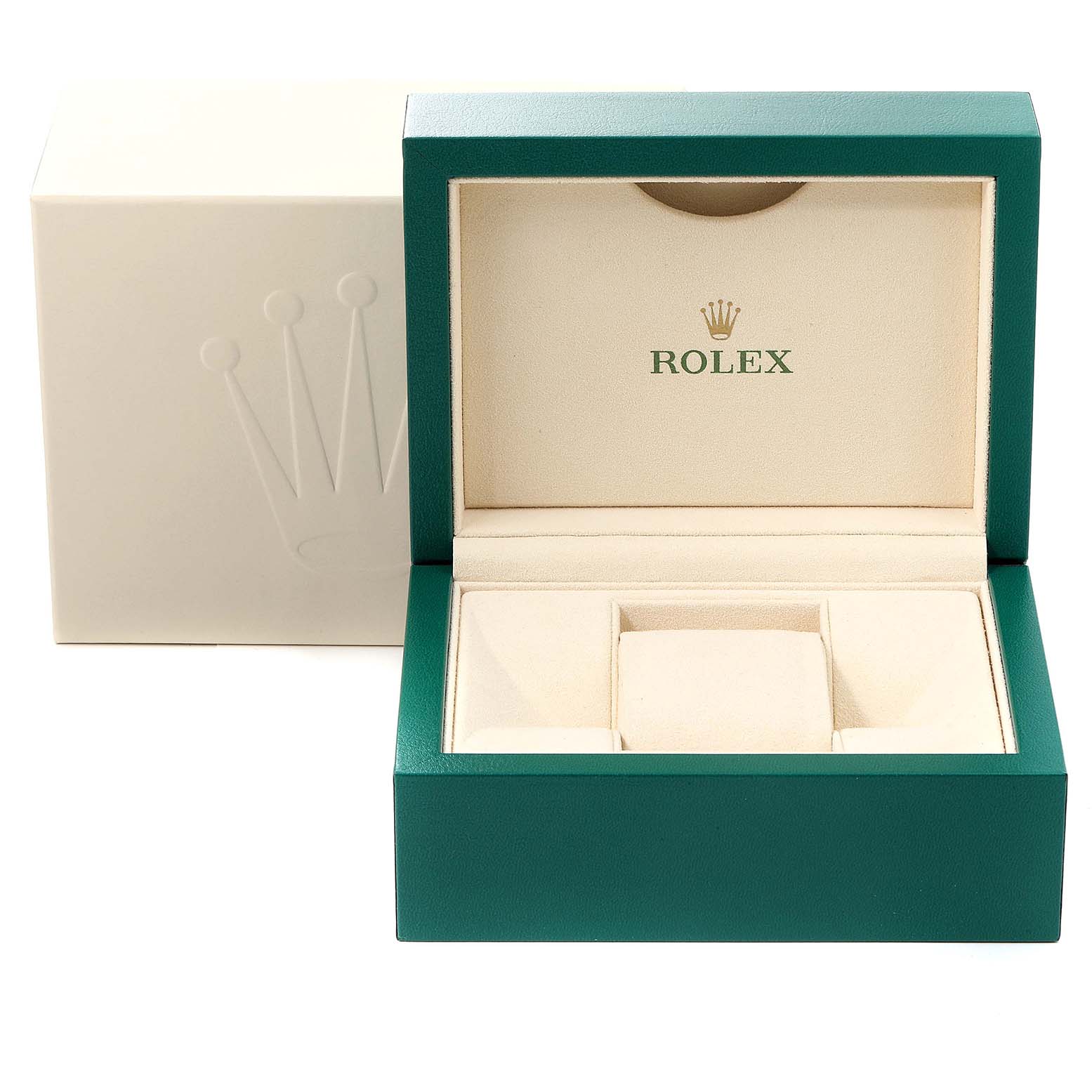 The image shows an open green and beige Rolex Datejust 279381 Women's Steel and Gold (two tone) Pink Dial 279381 Women's Steel and Gold (two tone) Pink Dial watch box with the exterior box behind it.