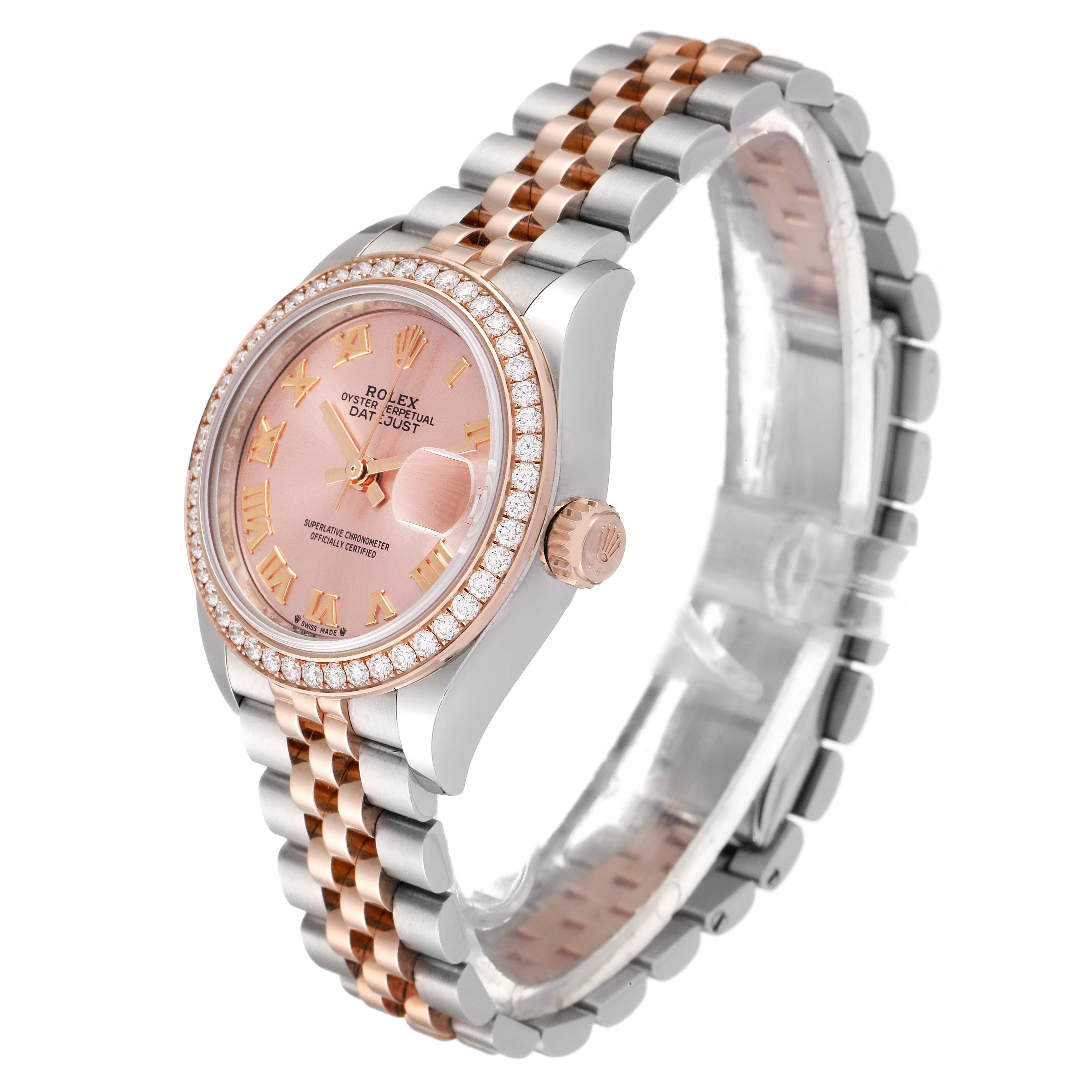 This Rolex Datejust 279381 Women's Steel and Gold (two tone) Pink Dial 279381 Women's Steel and Gold (two tone) Pink Dial watch is shown at a slight angle, displaying the face, bezel, crown, and part of the bracelet.