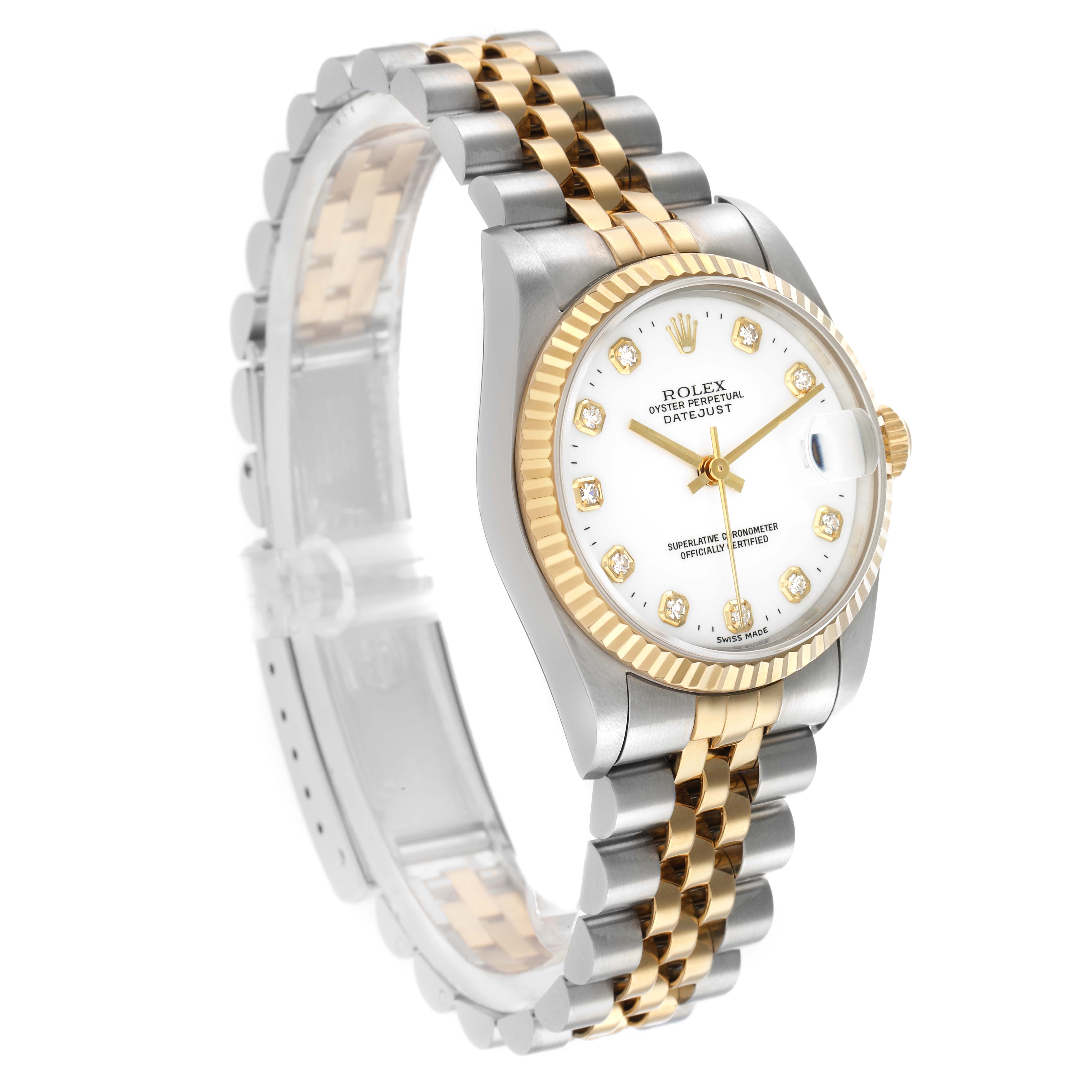The Rolex Mid-Size 68273 Women
s Steel and Gold (two tone) White Dial model is shown at a three-quarter angle, highlighting the two-tone bracelet, fluted bezel, and white dial.