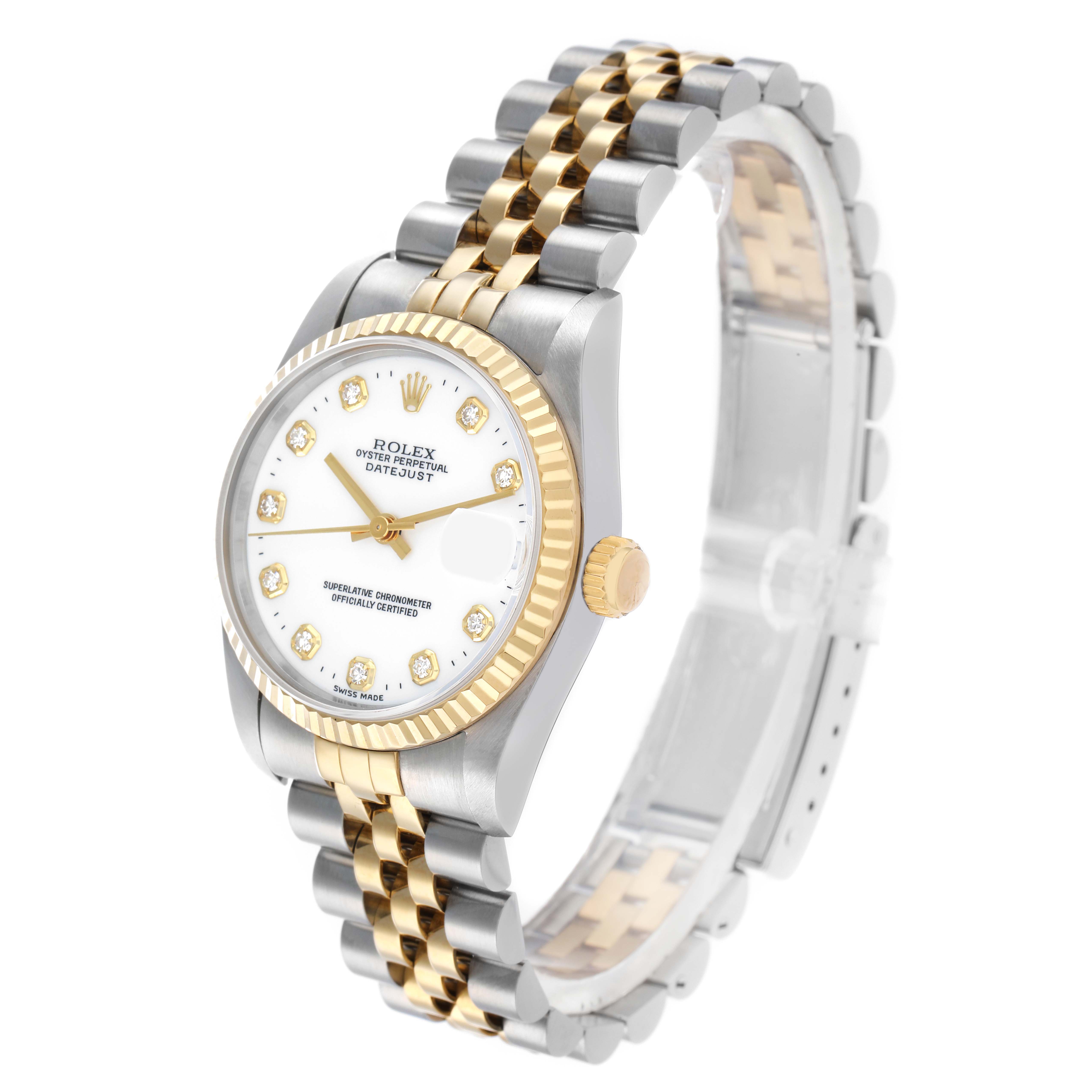 The image shows a Rolex Oyster Perpetual Datejust mid-size model at a three-quarter angle, highlighting the bezel, dial, and jubilee bracelet.