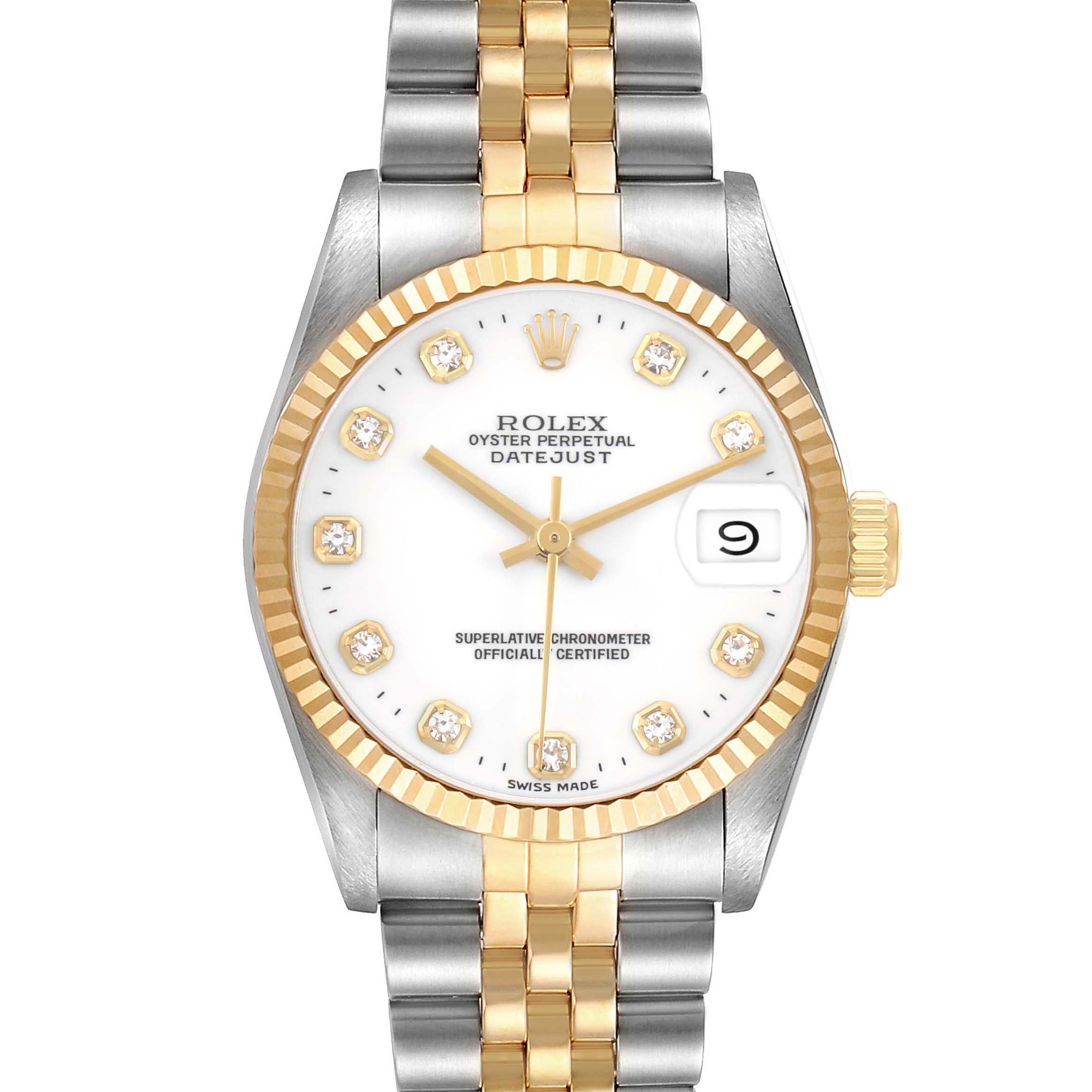 The image shows a front view of a Rolex Datejust Mid-Size watch, highlighting its gold and silver bracelet, bezel, and dial.