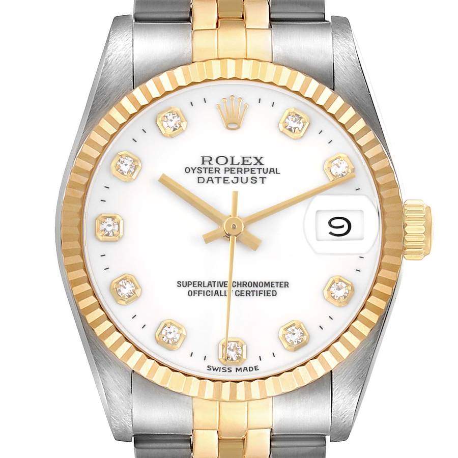 The Rolex Mid-Size 68273 Women's Steel and Gold (two tone) White Dial watch is shown from the front, highlighting the dial, bezel, and part of the bracelet.