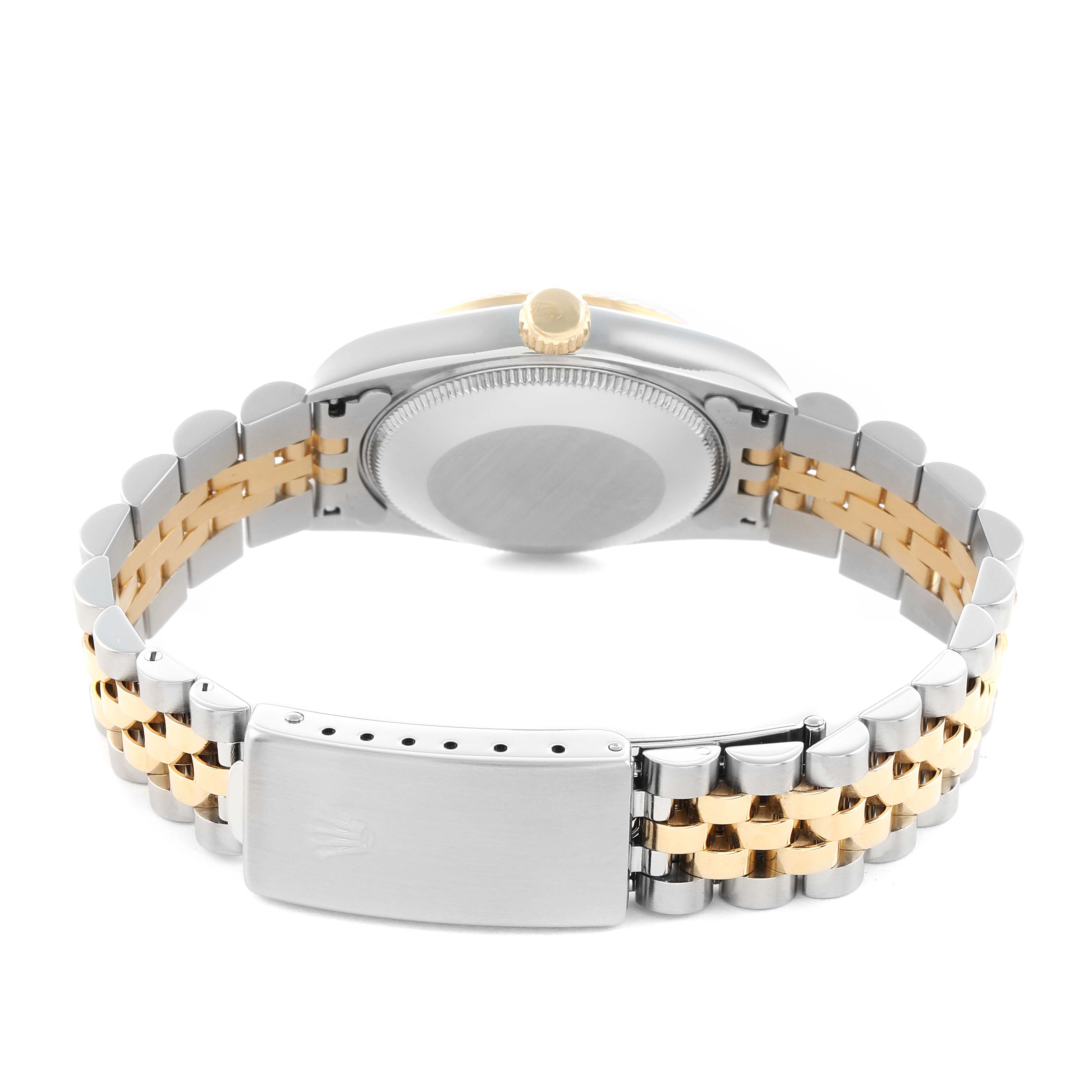 The Rolex Mid-Size 68273 Women
s Steel and Gold (two tone) White Dial watch is shown from the back, displaying the case back, crown, and two-tone bracelet with clasp.