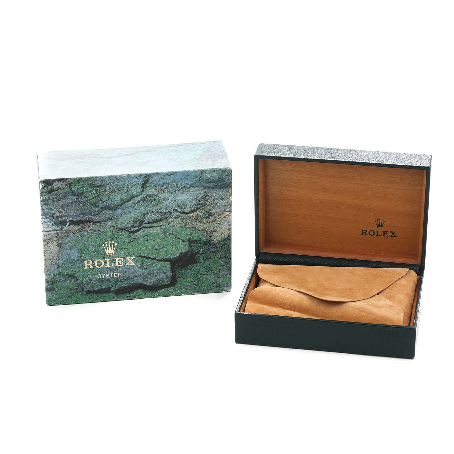 The image shows a Rolex box and pouch for a Mid-Size model, viewed from a perspective highlighting the packaging and accessories.