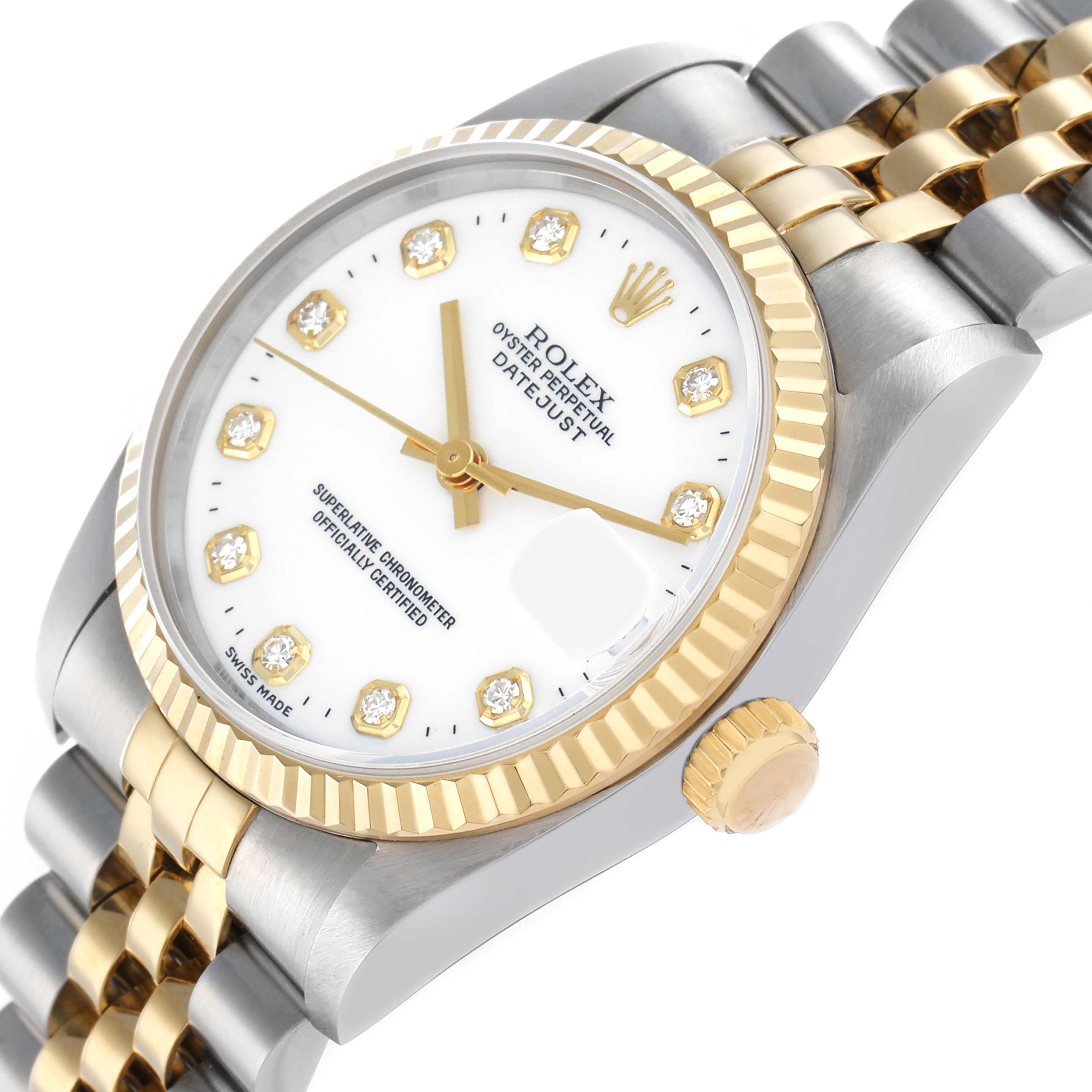 The Rolex Mid-Size 68273 Women
s Steel and Gold (two tone) White Dial watch is shown at an angled view, featuring the dial, crown, bezel, and part of the bracelet.