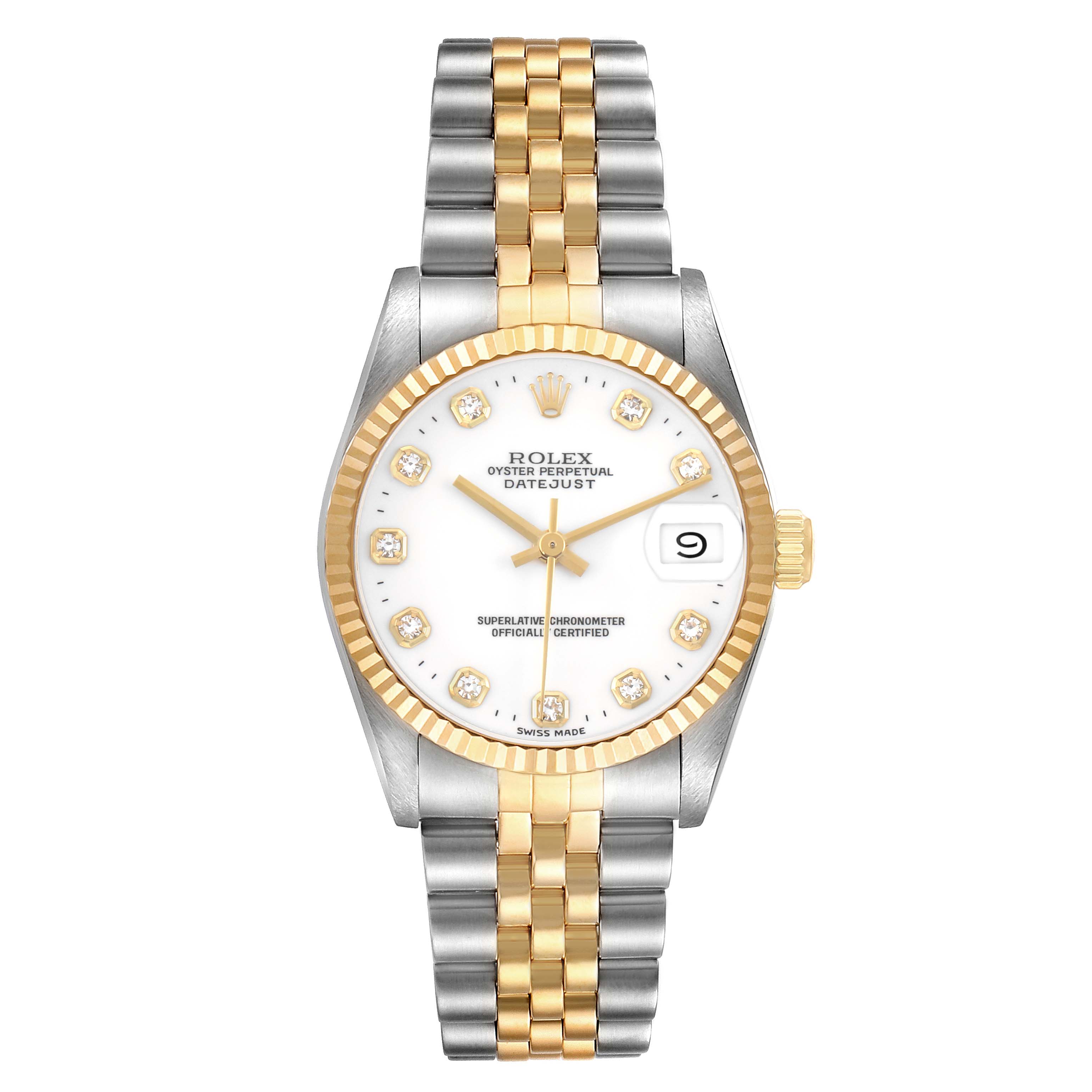 The Rolex Mid-Size 68273 Women
s Steel and Gold (two tone) White Dial watch is shown from the front, featuring a two-tone bracelet, fluted bezel, and diamond hour markers.