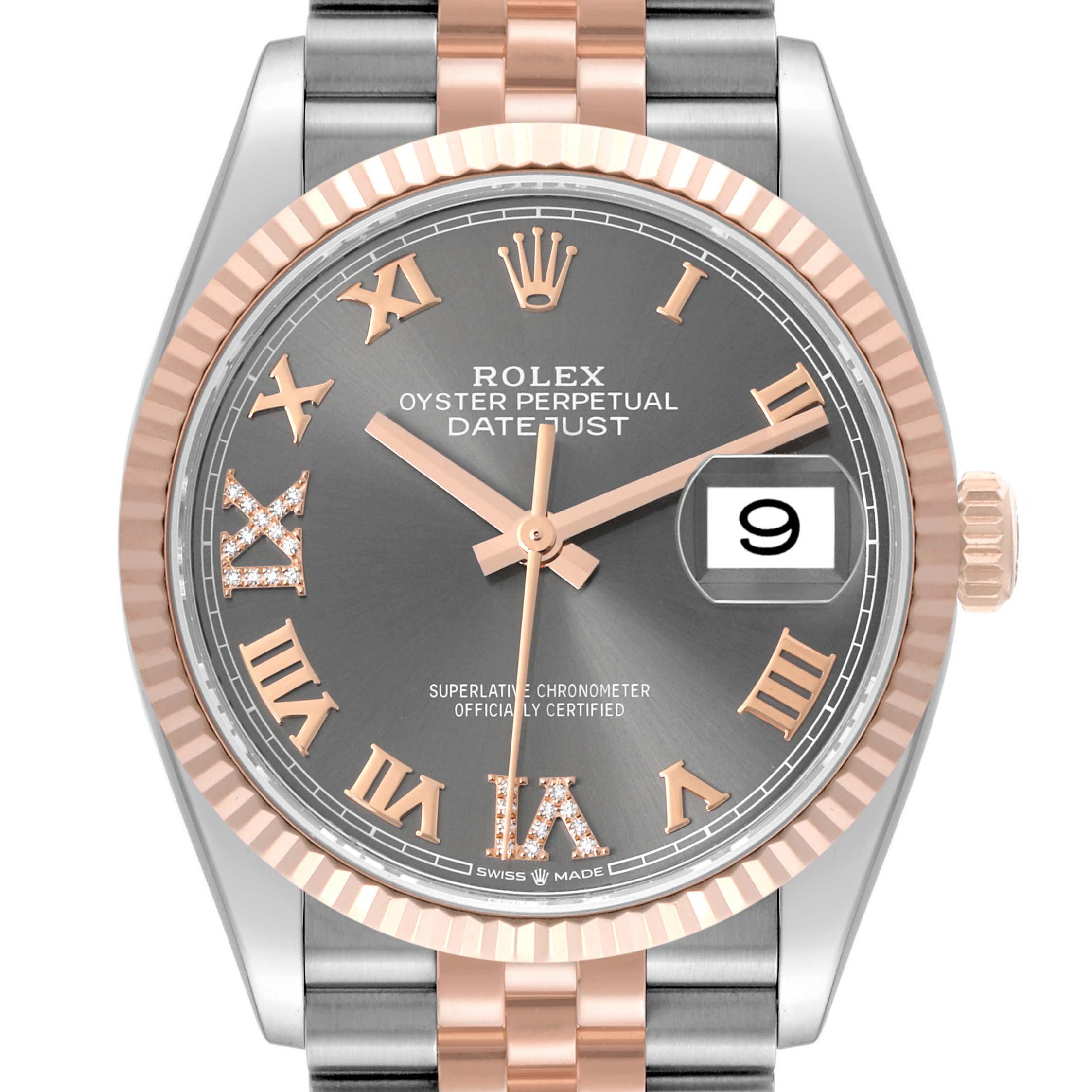 The image shows a Rolex Datejust 126231 Men's Steel and Gold (two tone) Grey Dial 126231 Men's Steel and Gold (two tone) Grey Dial watch from the front, highlighting its dial, bezel, hands, and two-tone bracelet.