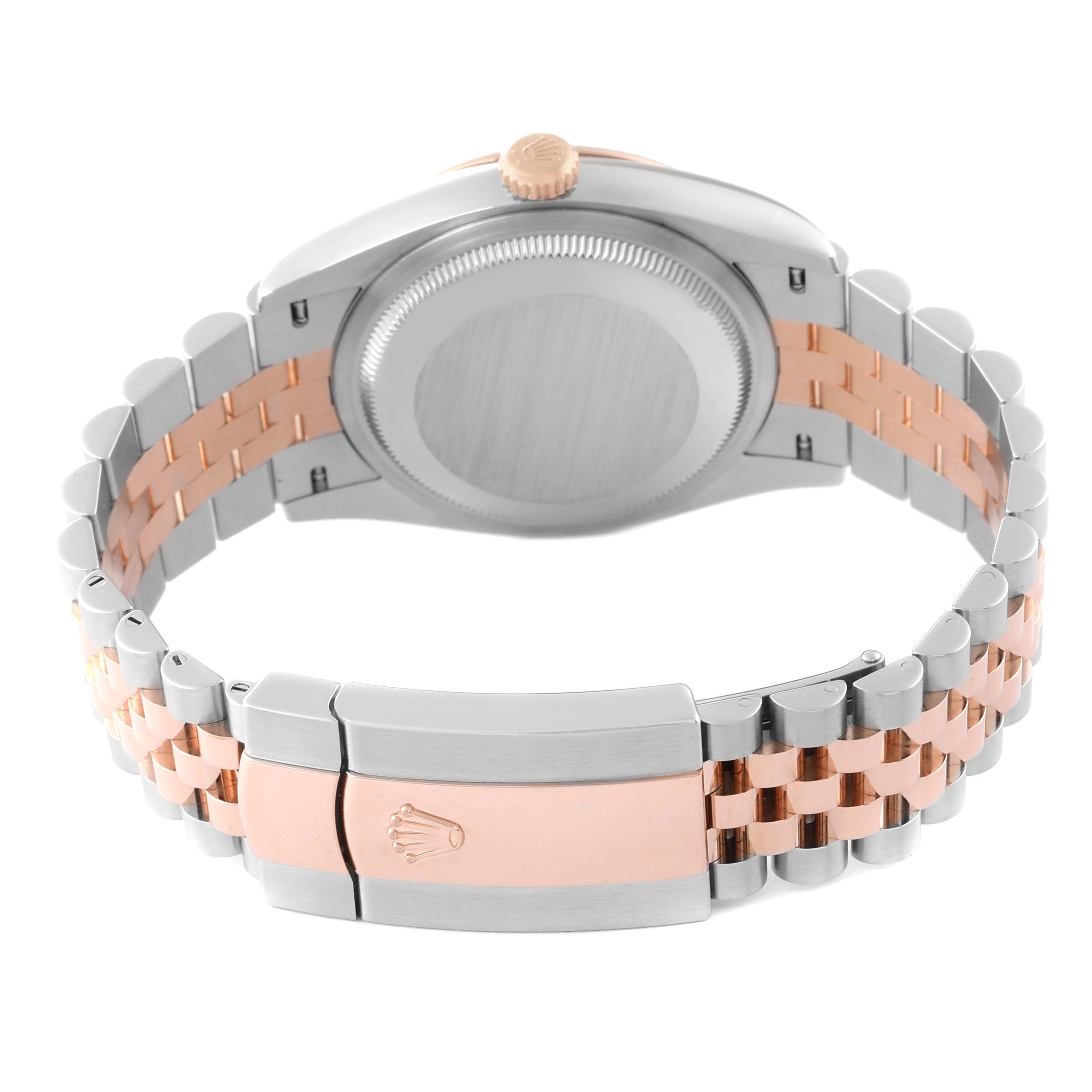 The image shows the back view of a Rolex Datejust 126231 Men's Steel and Gold (two tone) Grey Dial 126231 Men's Steel and Gold (two tone) Grey Dial watch, highlighting the case back and bi-color bracelet with clasp.