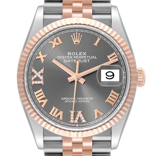 The image shows a front view of the Rolex Datejust watch, displaying the dial, hands, date window, and part of the bracelet.