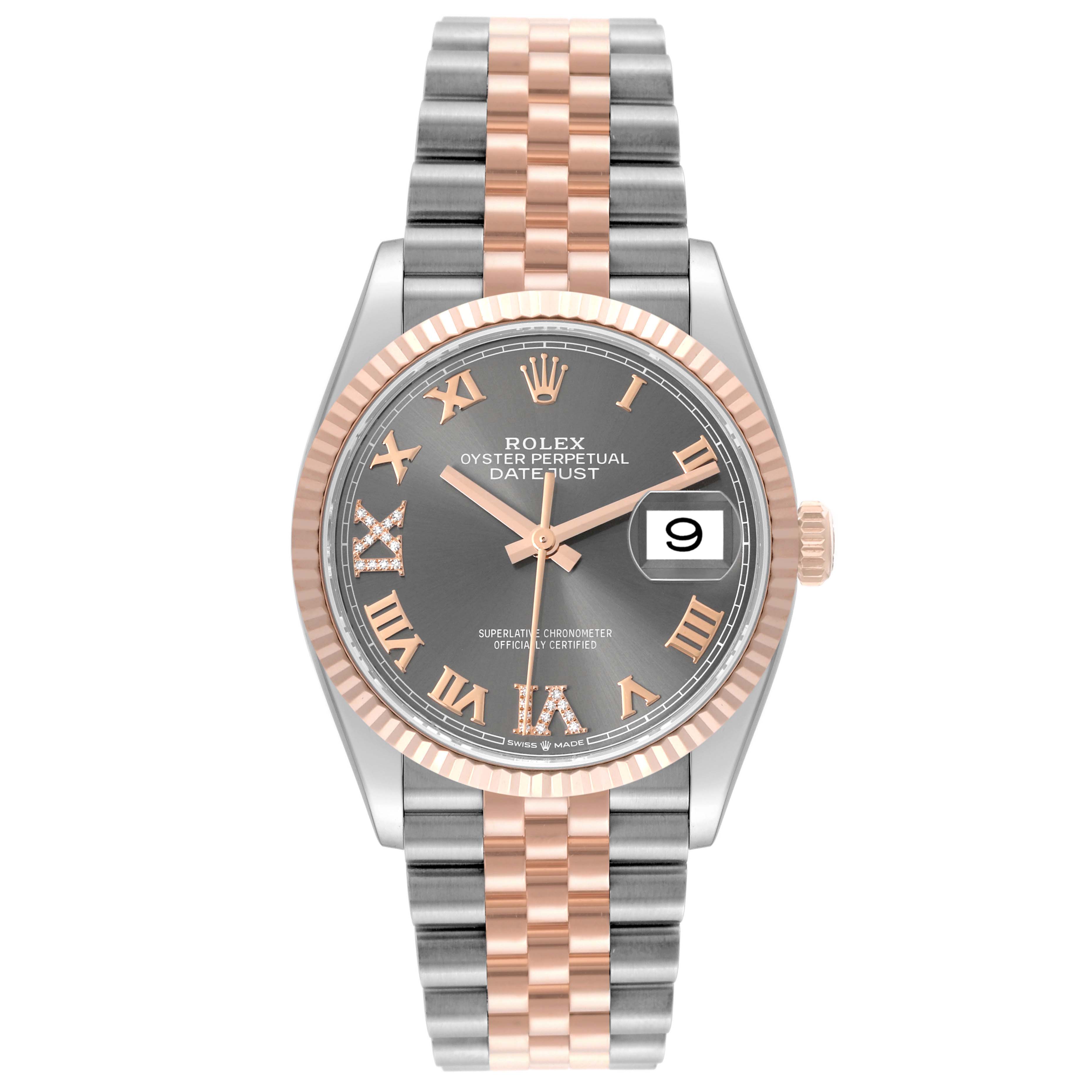 The image shows a frontal view of a Rolex Datejust 126231 Men's Steel and Gold (two tone) Grey Dial 126231 Men's Steel and Gold (two tone) Grey Dial watch featuring a two-tone bracelet and a grey dial with Roman numerals.