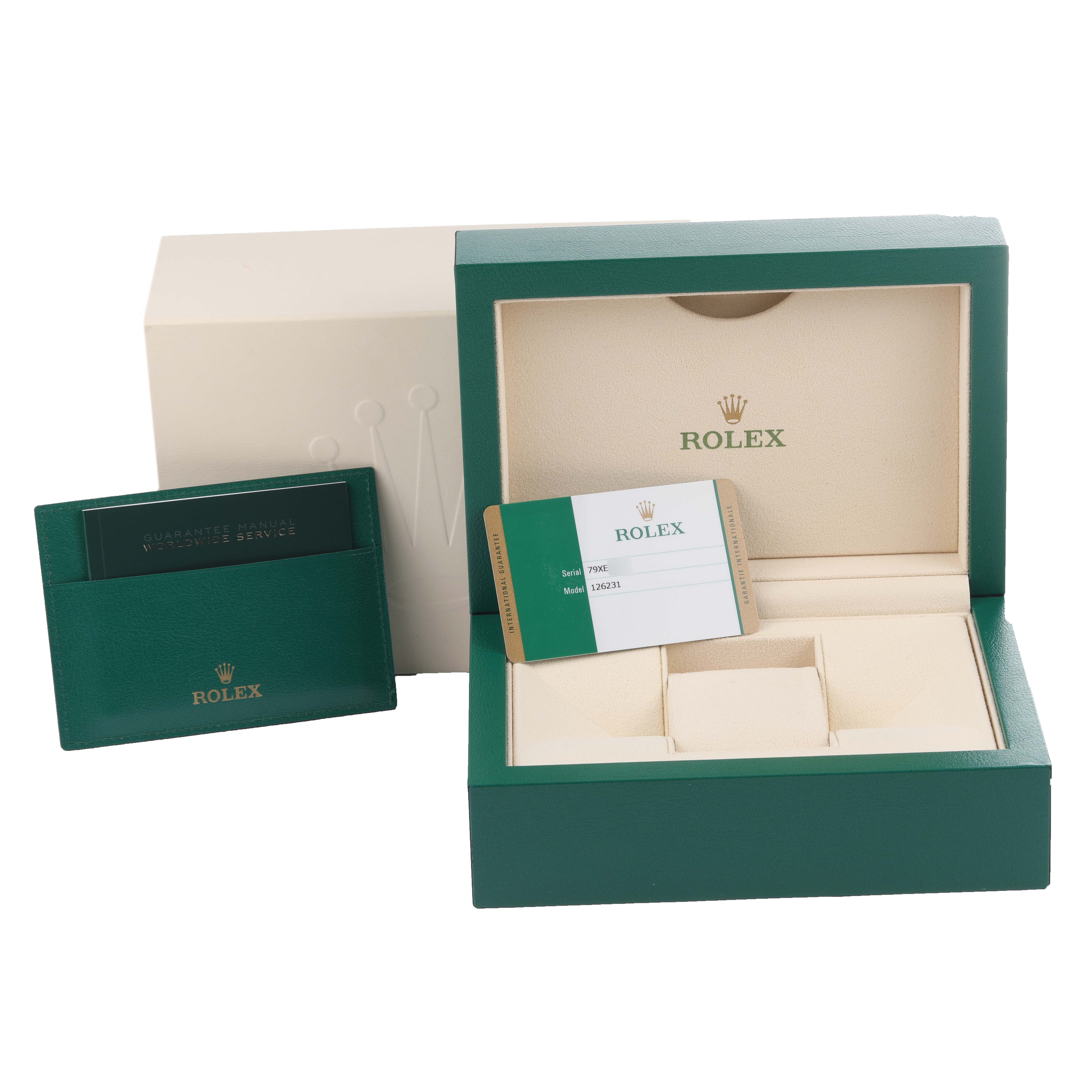 The image shows the packaging, guarantee card, and holder for a Rolex Datejust 126231 Men's Steel and Gold (two tone) Grey Dial 126231 Men's Steel and Gold (two tone) Grey Dial watch.