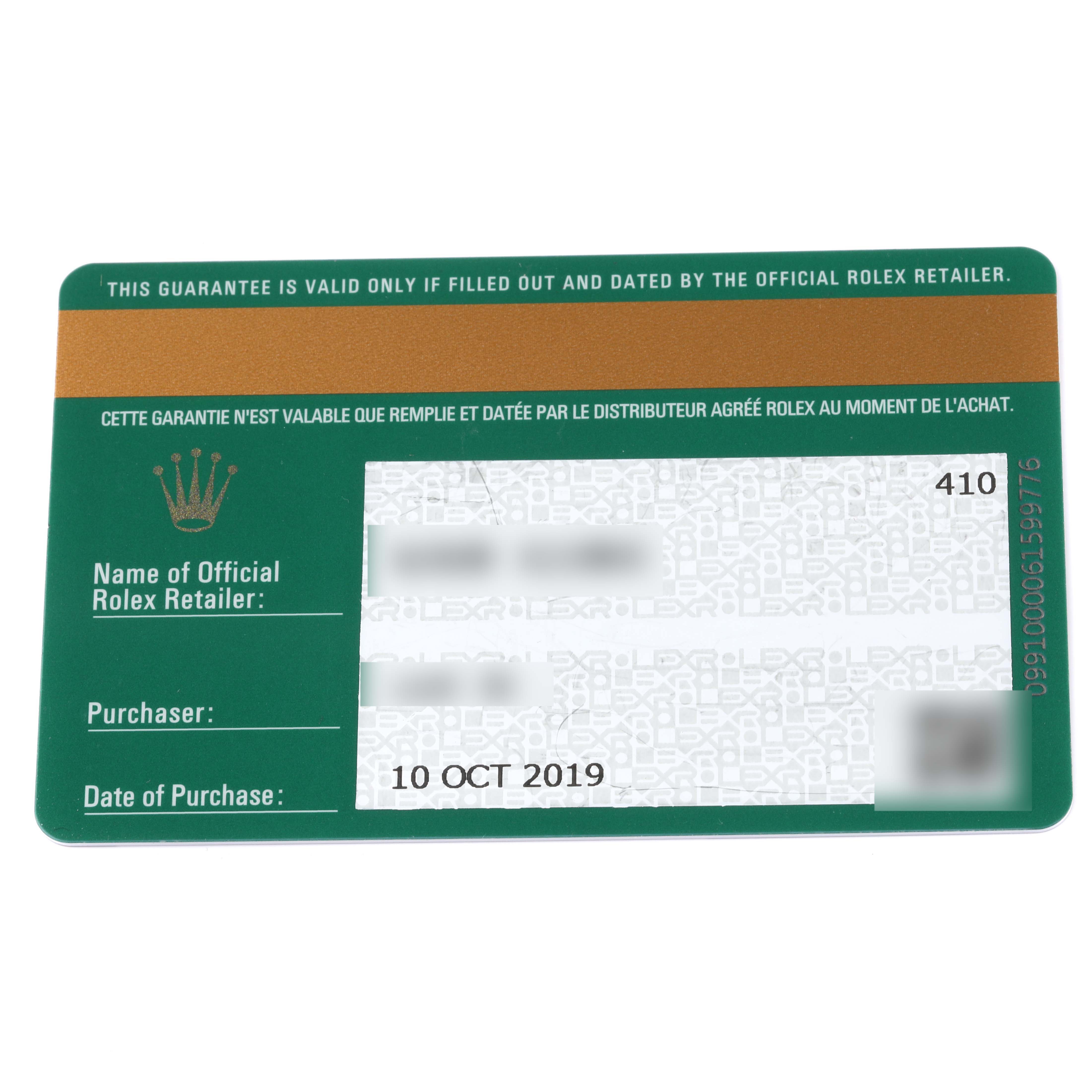 This image shows the Datejust model by Rolex's warranty card, providing details like retailer name, purchaser, and date of purchase.