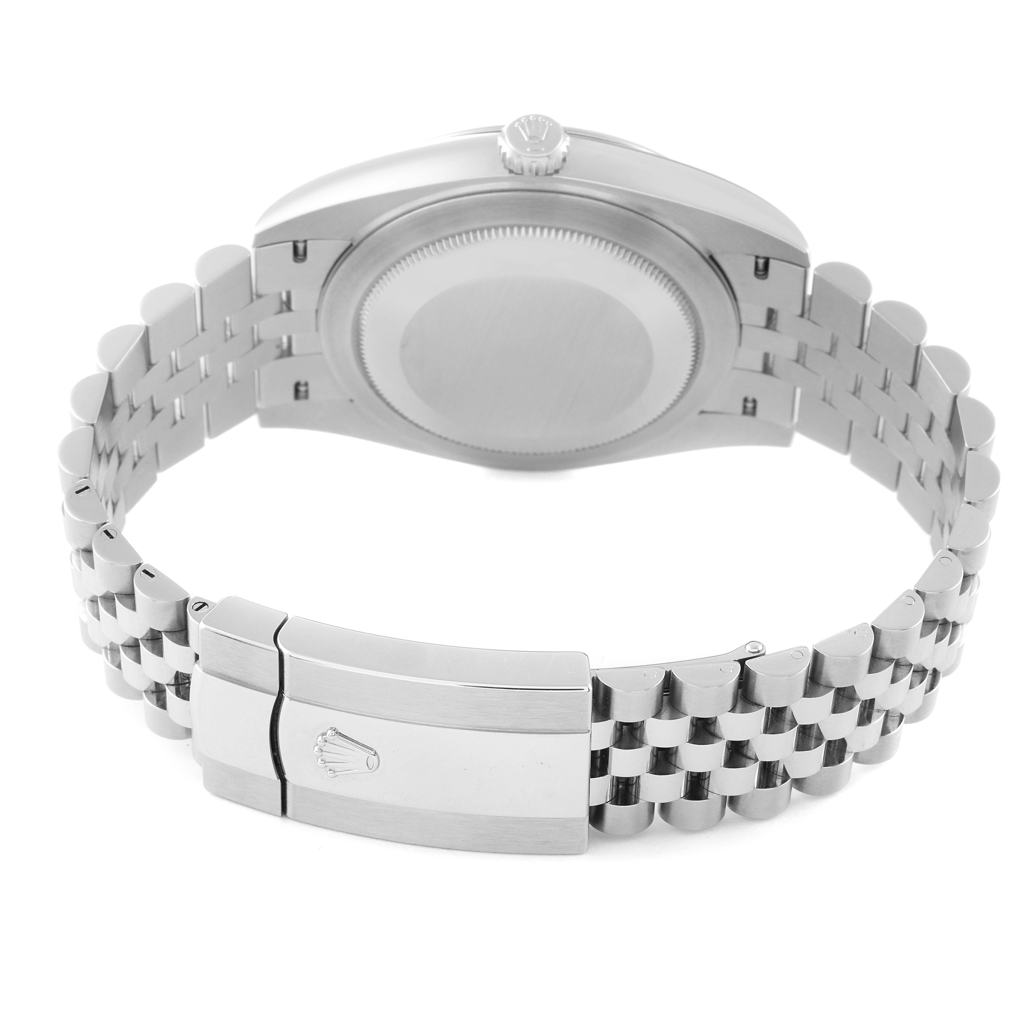 This image shows the back case and closed clasp of the Rolex Datejust 41 126300 Men
s Stainless Steel Black Dial 126300 Men
s Stainless Steel Black Dial watch from a rear angle.