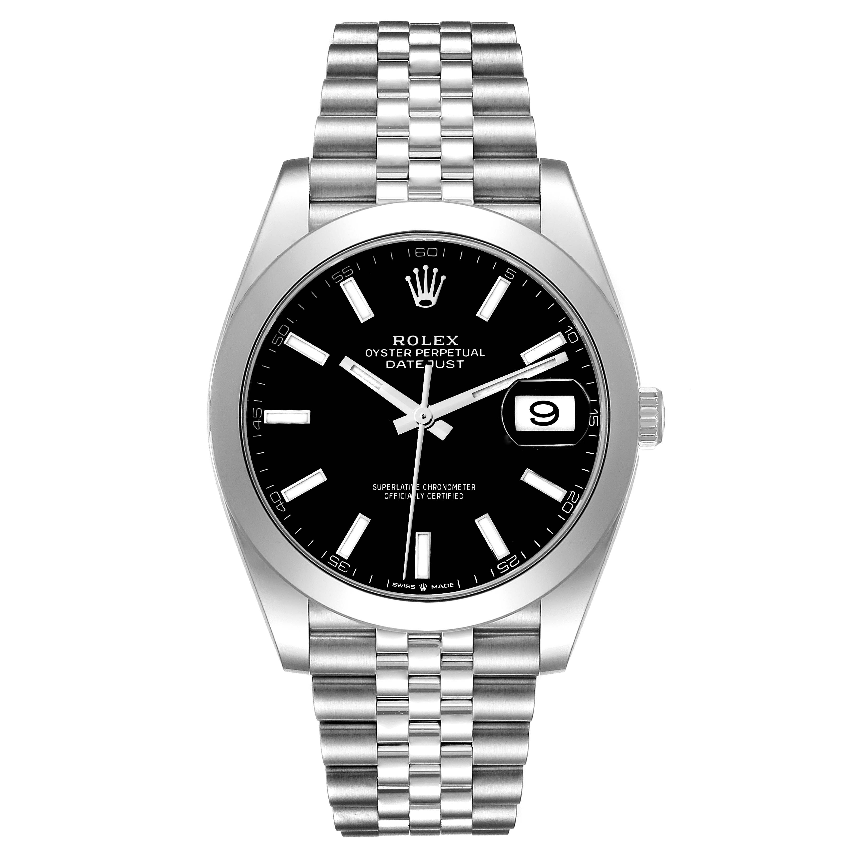 This image shows a front view of the Rolex Datejust 41 126300 Men
s Stainless Steel Black Dial 126300 Men
s Stainless Steel Black Dial watch, displaying the case, dial, hands, date window, and bracelet.
