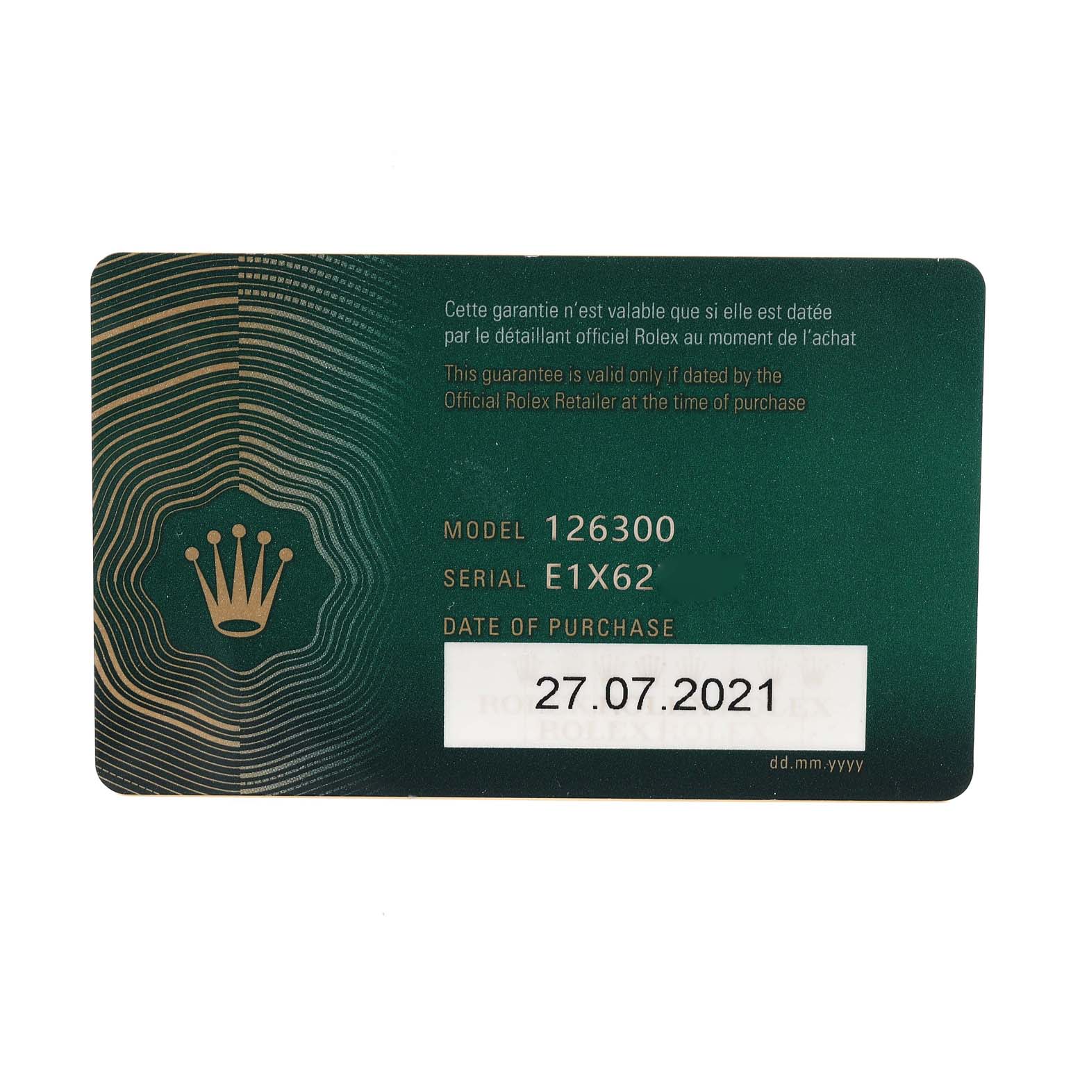 The image shows a warranty card for the Rolex Datejust 41 126300 Men
s Stainless Steel Black Dial 126300 Men
s Stainless Steel Black Dial model 126300, including the serial number and date of purchase.
