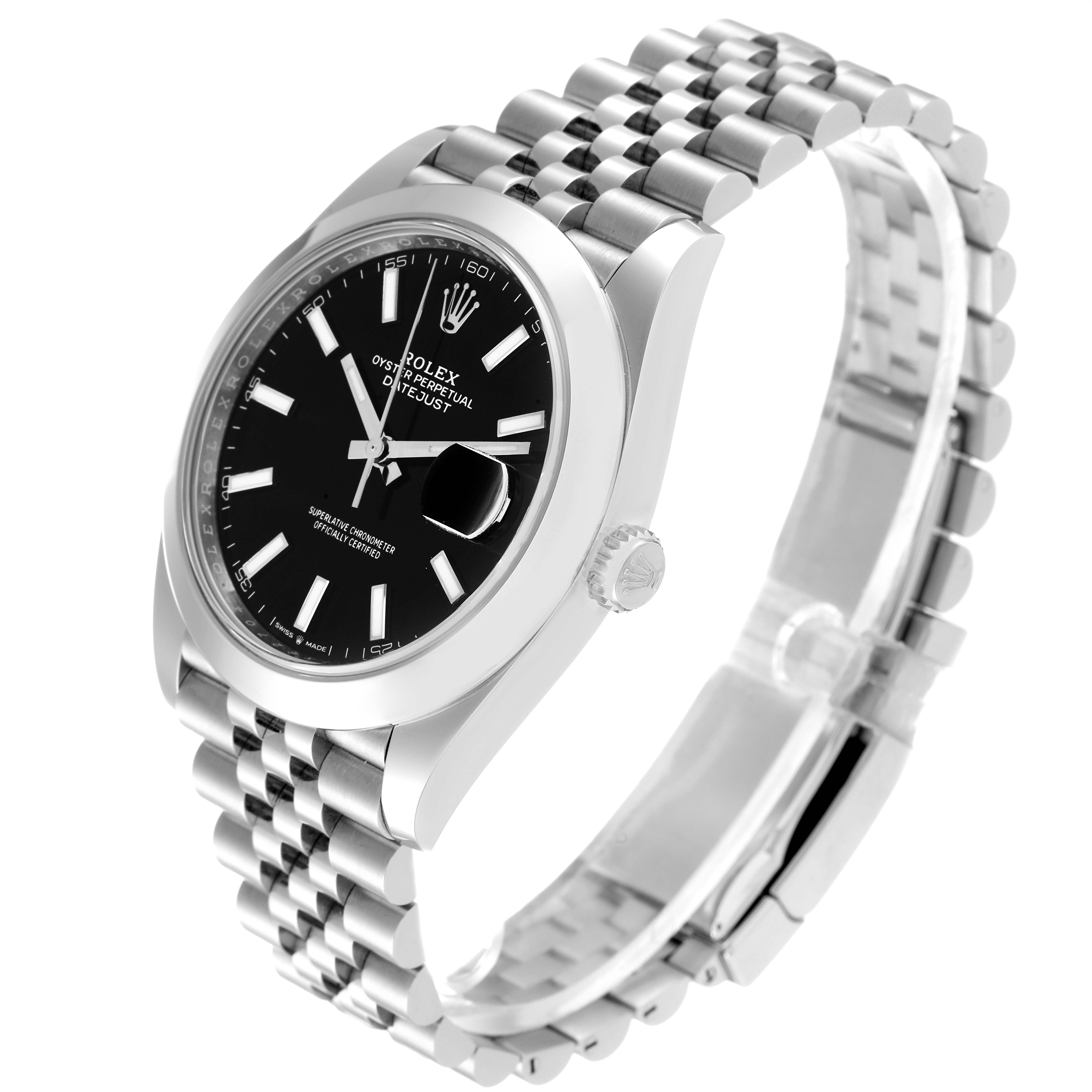 The Rolex Datejust 41 126300 Men
s Stainless Steel Black Dial 126300 Men
s Stainless Steel Black Dial watch is shown from an angled side view, displaying the dial, bezel, crown, and Jubilee bracelet.