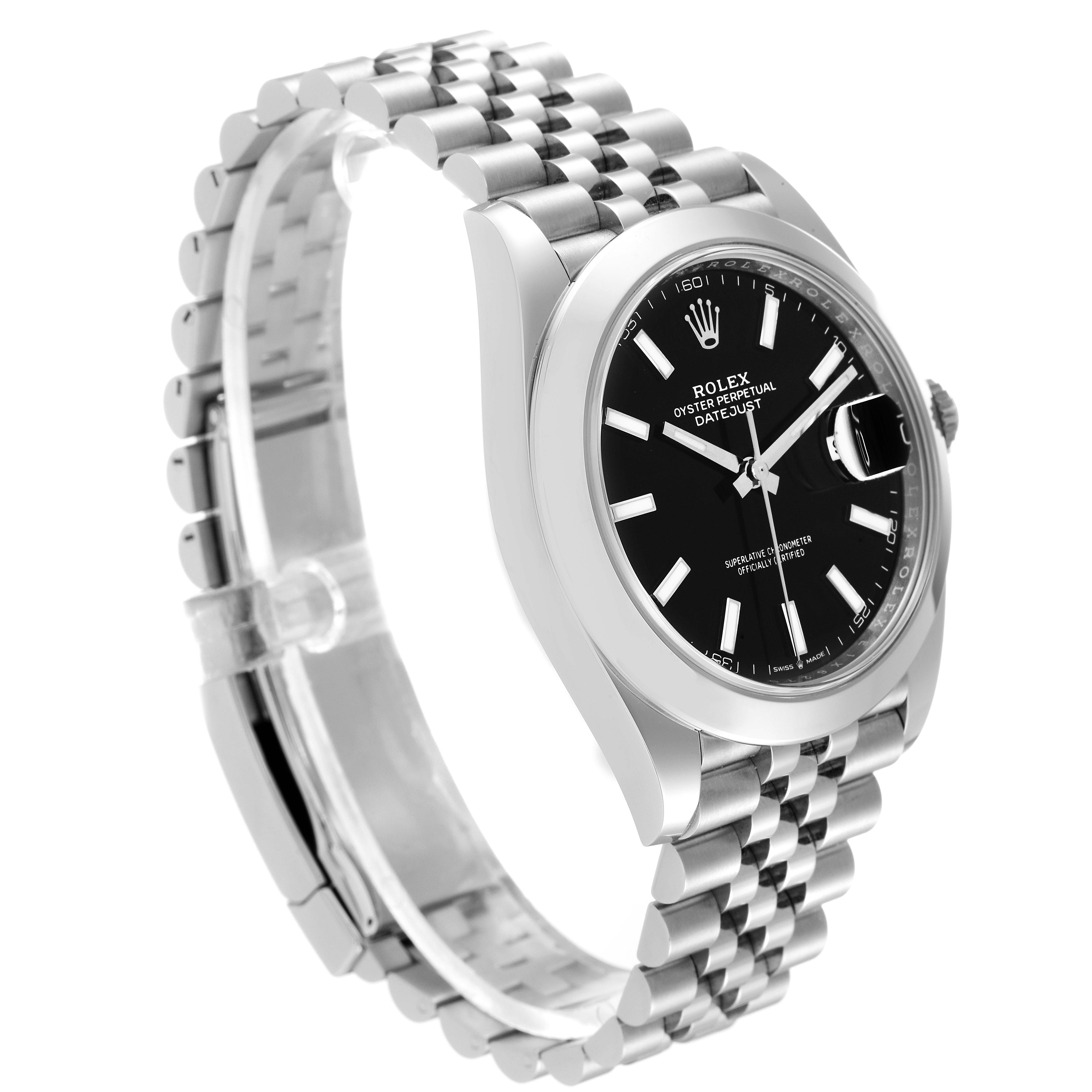 The Rolex Datejust 41 126300 Men
s Stainless Steel Black Dial 126300 Men
s Stainless Steel Black Dial watch is shown at a side angle, highlighting its black dial, jubilee bracelet, and cyclops date display.