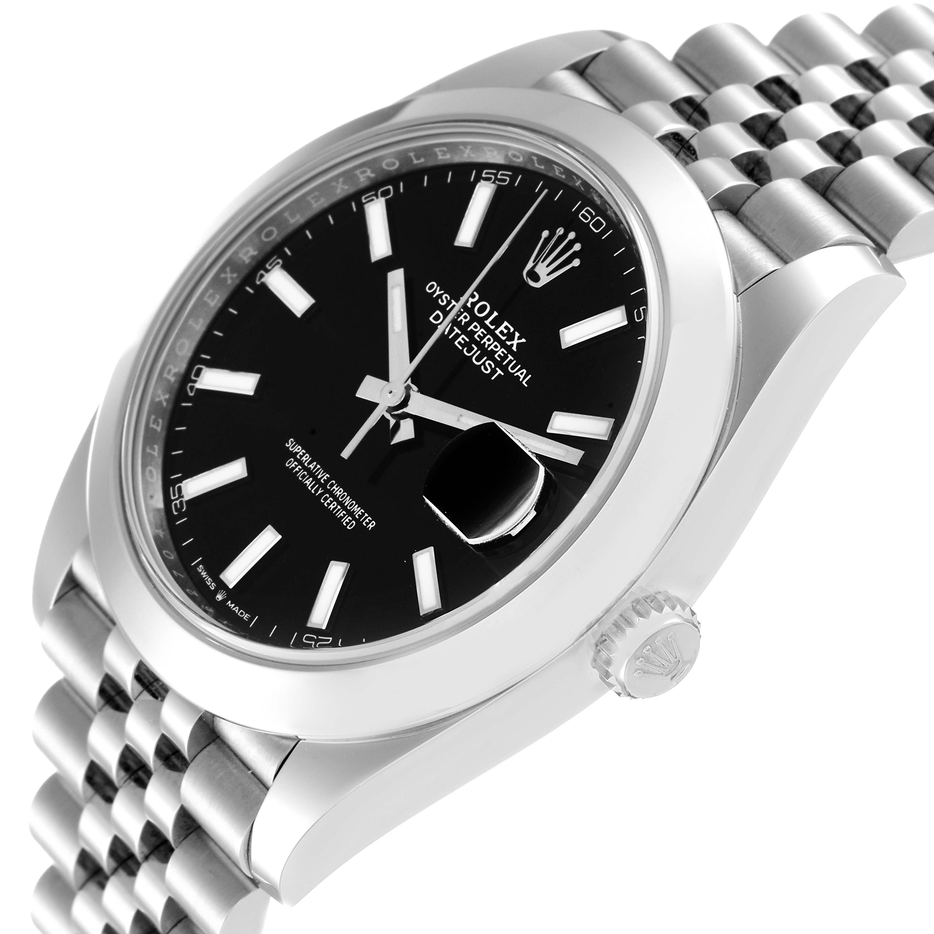 This image shows a close-up angle of the Rolex Datejust 41 126300 Men
s Stainless Steel Black Dial 126300 Men
s Stainless Steel Black Dial watch highlighting the face, bezel, crown, and part of the bracelet.