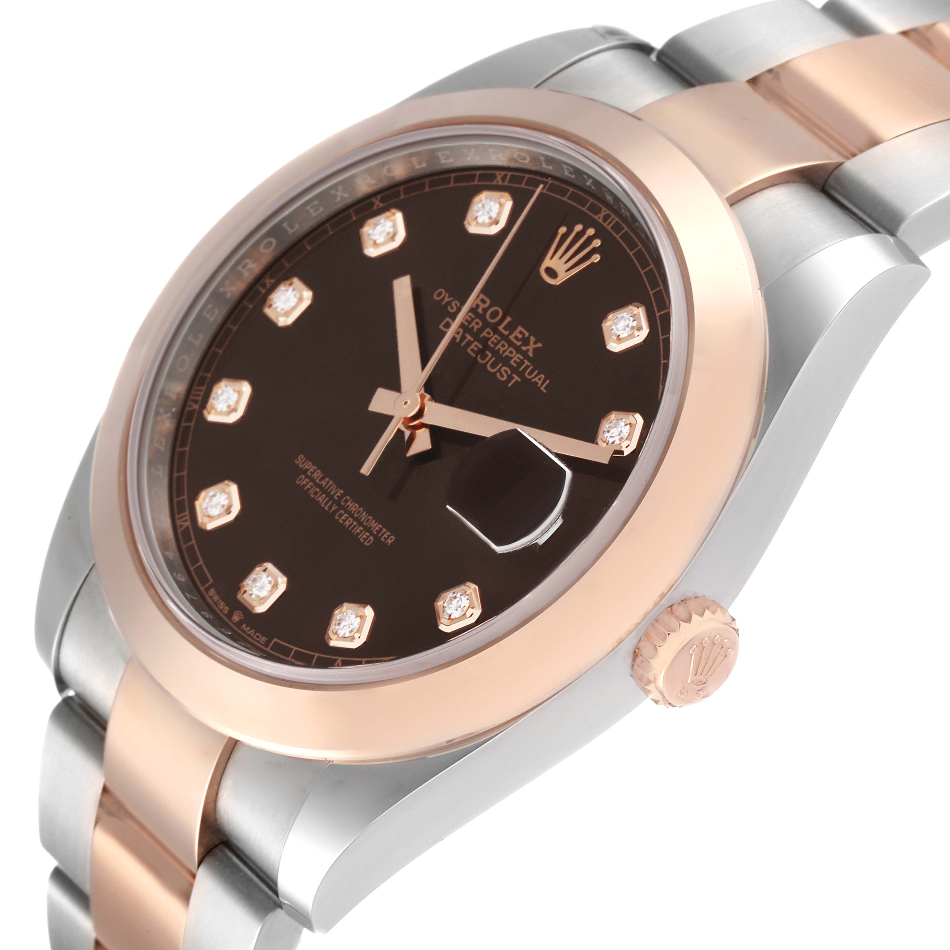 This image shows an angled view of the Rolex Datejust 41 126301 Men's Steel and Gold (two tone) Brown Dial 126301 Men's Steel and Gold (two tone) Brown Dial watch, highlighting its face, bezel, and part of the bracelet.