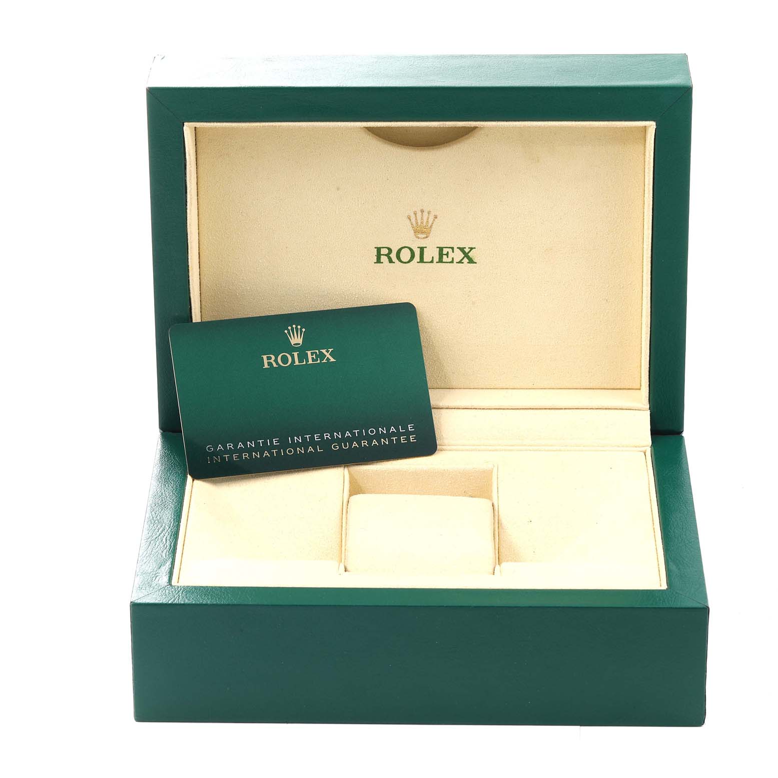The image shows an open green Rolex box for the Datejust 41 model with an international guarantee card.