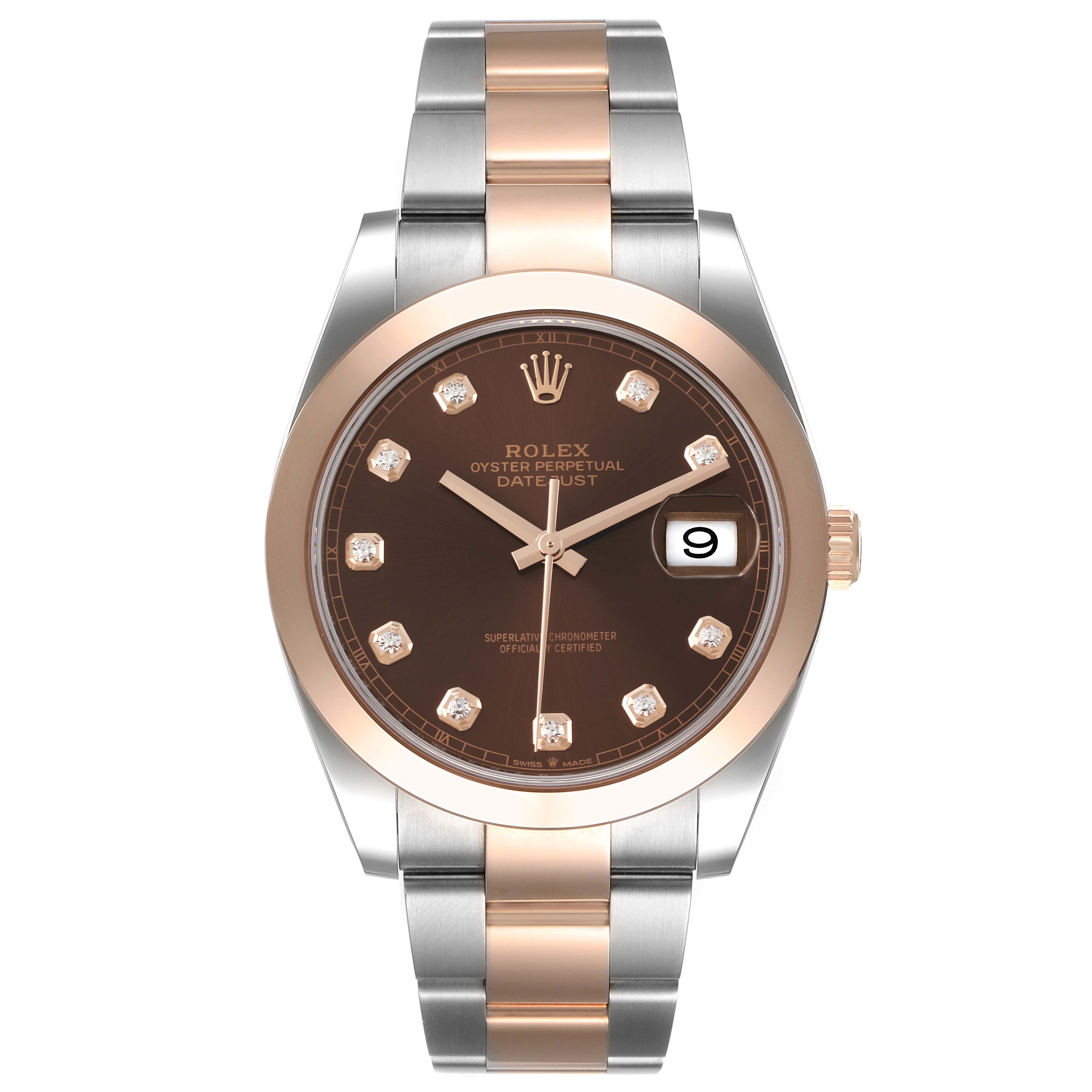 The Rolex Datejust 41 126301 Men's Steel and Gold (two tone) Brown Dial 126301 Men's Steel and Gold (two tone) Brown Dial model is shown from a front angle, highlighting its dial, bezel, bracelet, and cyclops lens.