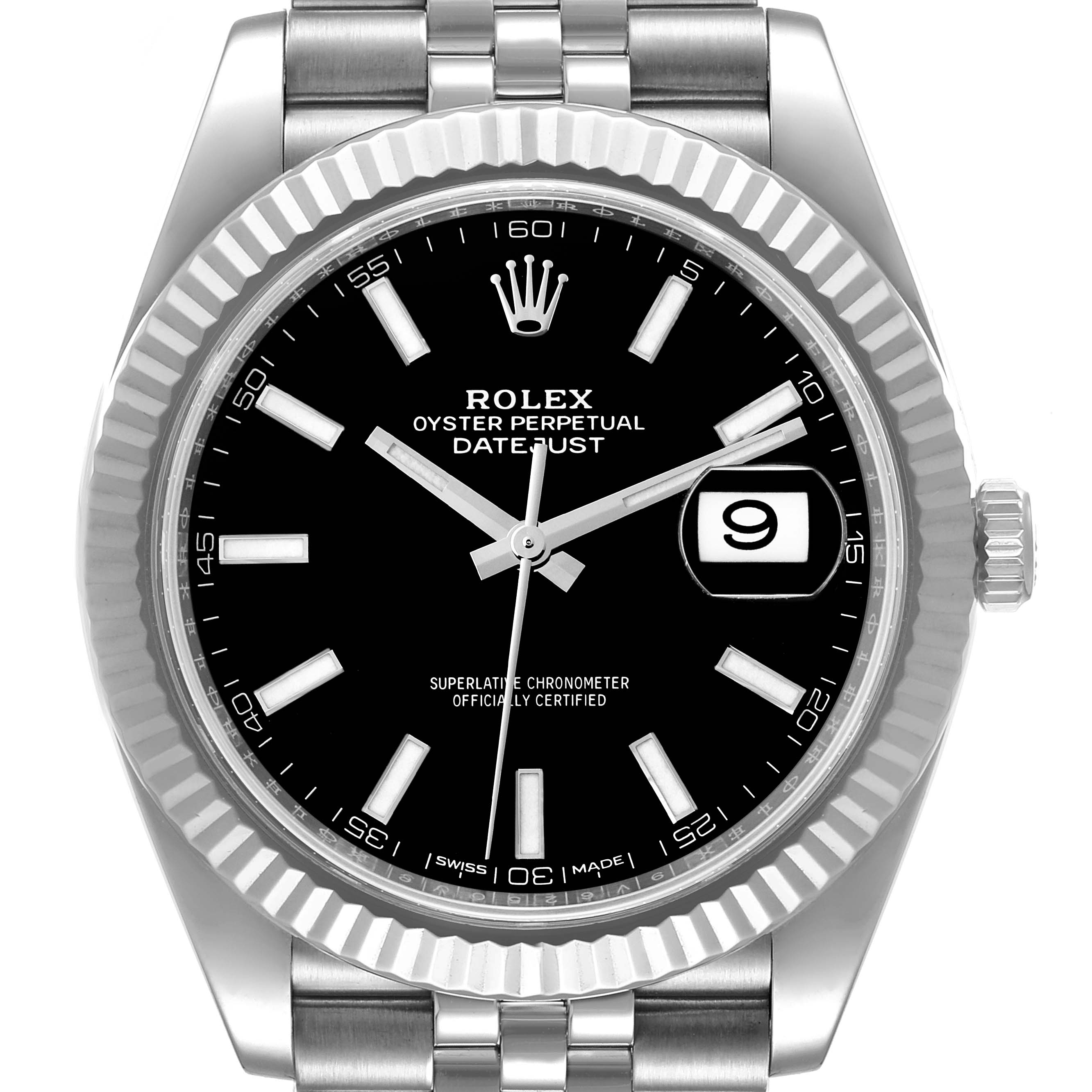 This image shows a Rolex Datejust 41 126334 Men
s Stainless Steel Black Dial 126334 Men
s Stainless Steel Black Dial model from a frontal angle, highlighting the dial, hands, date window, and bezel.