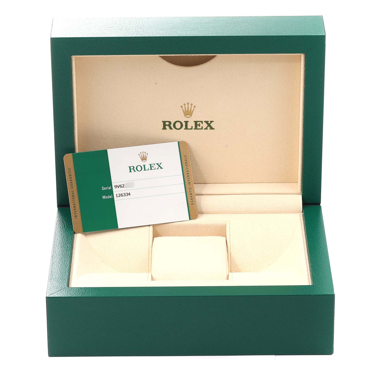 The image shows the interior of a Rolex box for the Datejust 41 model, along with its warranty card.