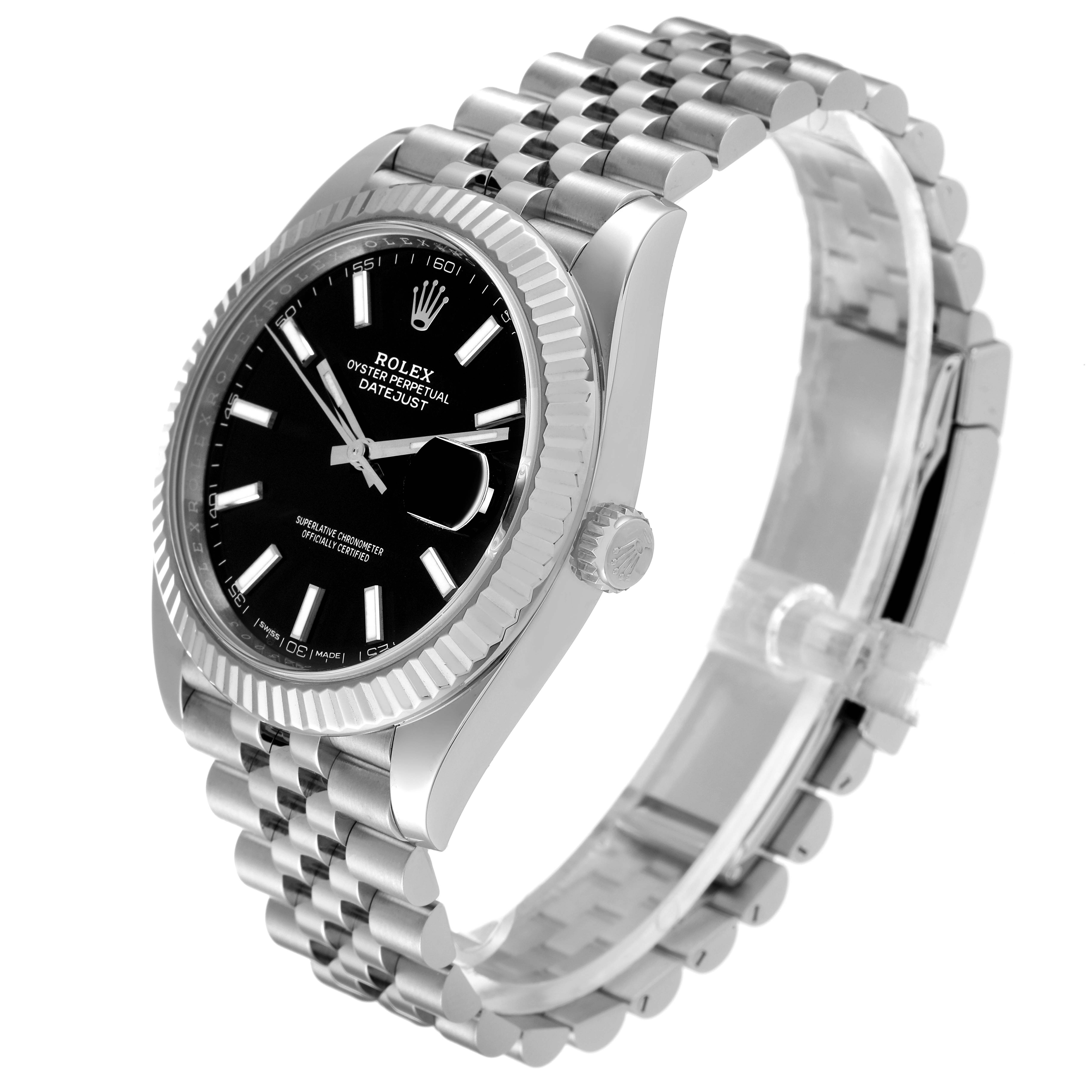 The image shows a Rolex Datejust 41 126334 Men
s Stainless Steel Black Dial 126334 Men
s Stainless Steel Black Dial model watch from an angled front view, highlighting its dial, bezel, and bracelet.