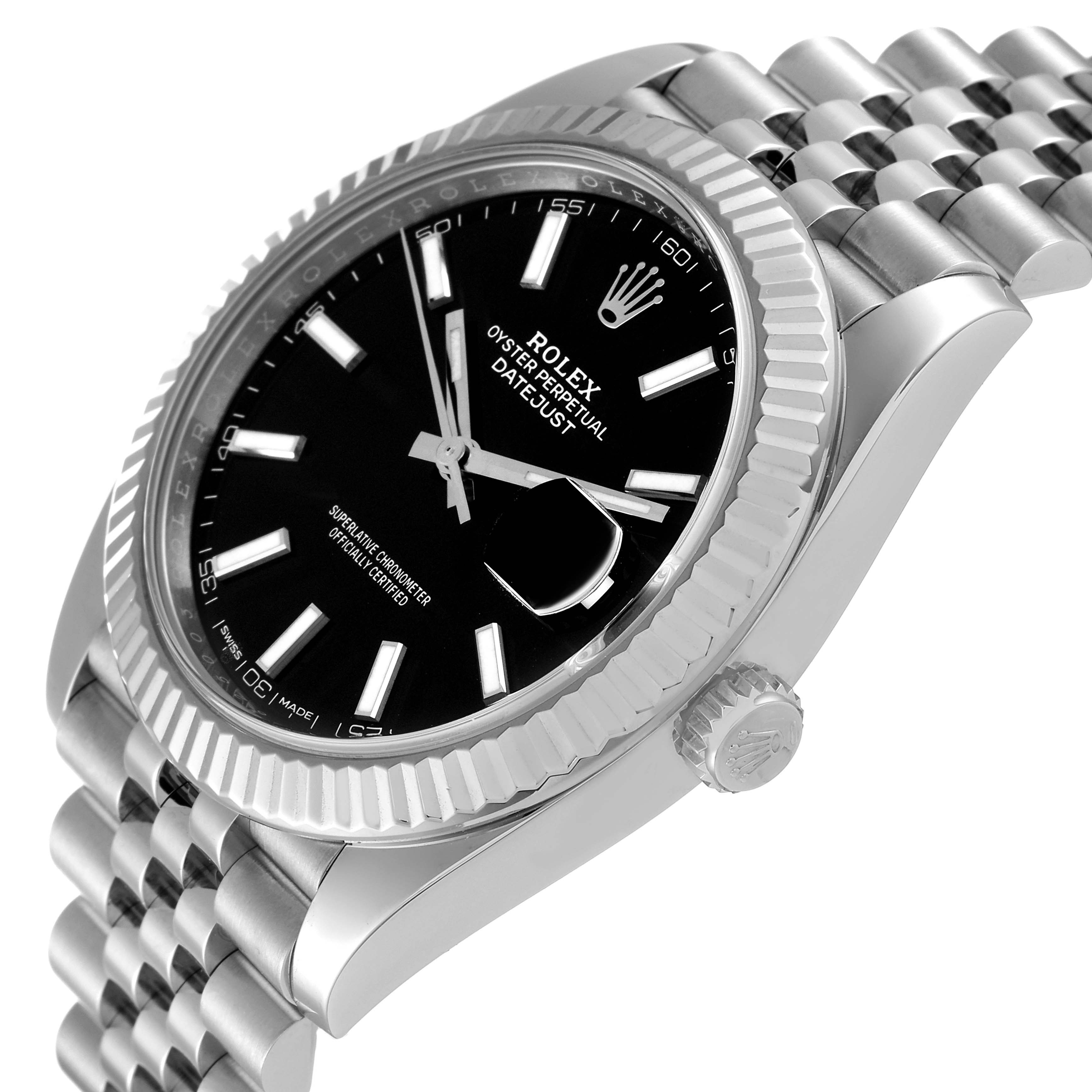 The image shows a side angle of the Rolex Datejust 41 126334 Men
s Stainless Steel Black Dial 126334 Men
s Stainless Steel Black Dial, featuring its dial, bezel, crown, and part of the bracelet.