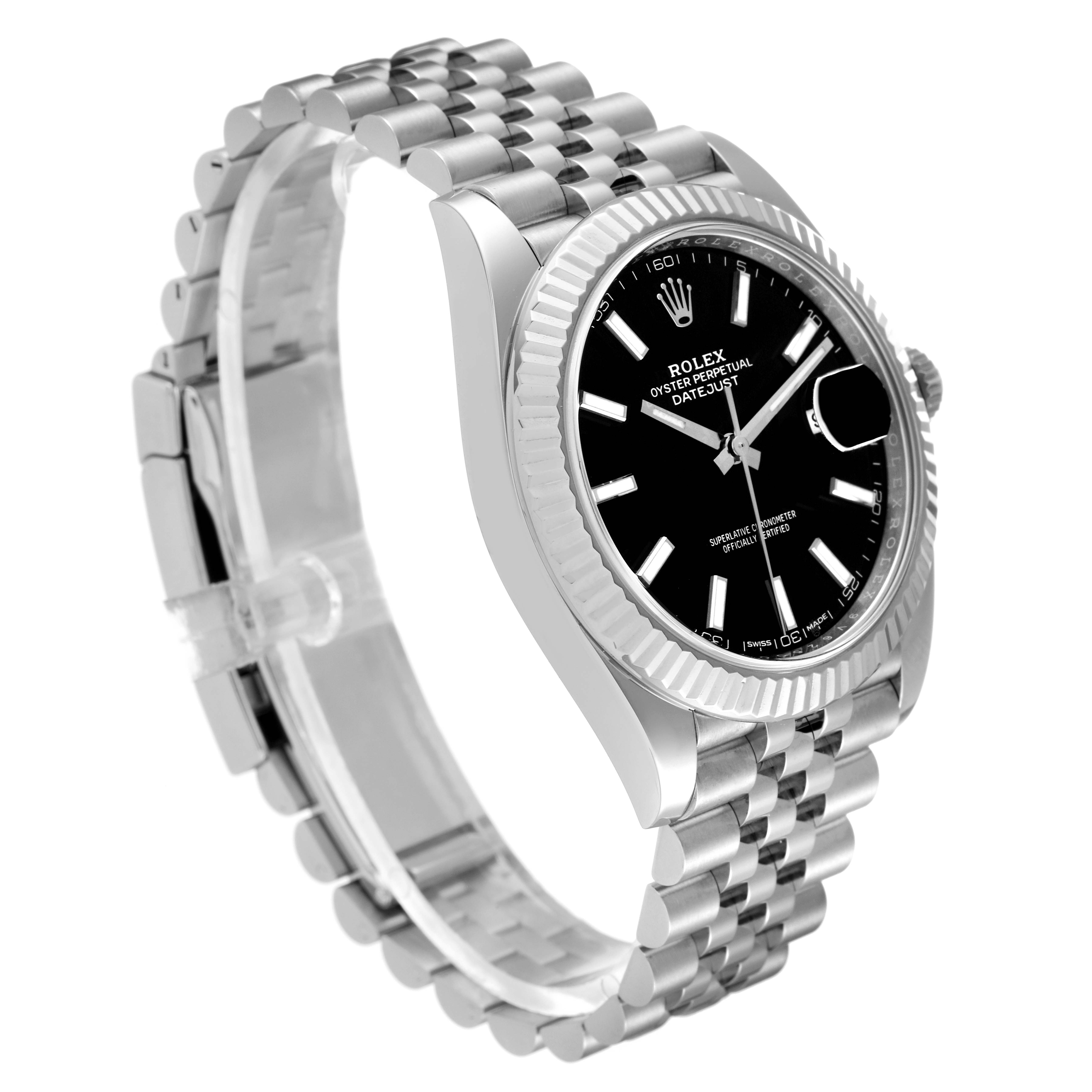 The Rolex Datejust 41 126334 Men
s Stainless Steel Black Dial 126334 Men
s Stainless Steel Black Dial watch is shown at an oblique angle, highlighting its dial, fluted bezel, and Jubilee bracelet.