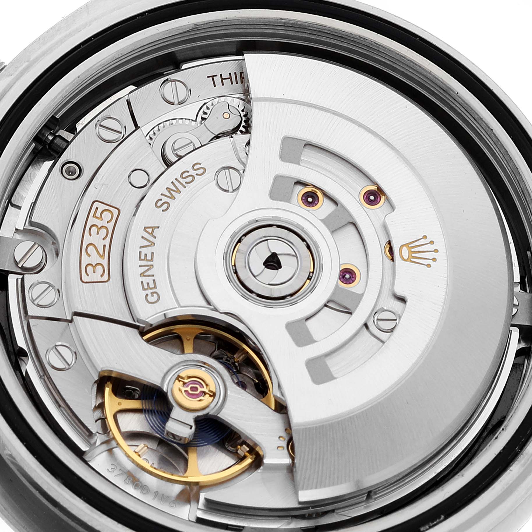 This image shows a close-up of the Rolex Datejust 41 126334 Men
s Stainless Steel Black Dial 126334 Men
s Stainless Steel Black Dial watch
s internal movement, specifically the Caliber 3235 mechanism.