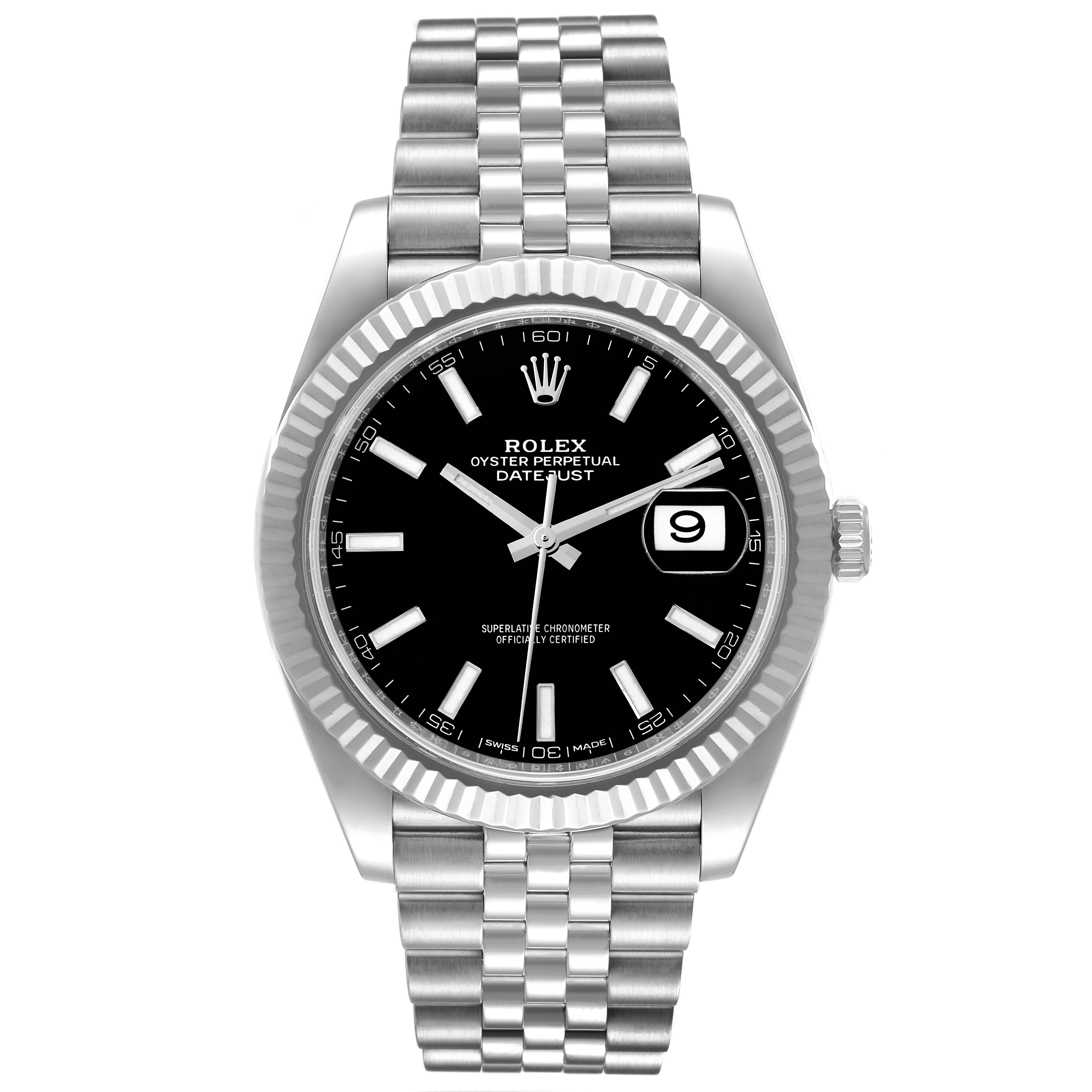The Rolex Datejust 41 126334 Men
s Stainless Steel Black Dial 126334 Men
s Stainless Steel Black Dial watch is shown from a front angle, displaying the dial, bezel, crown, and bracelet.