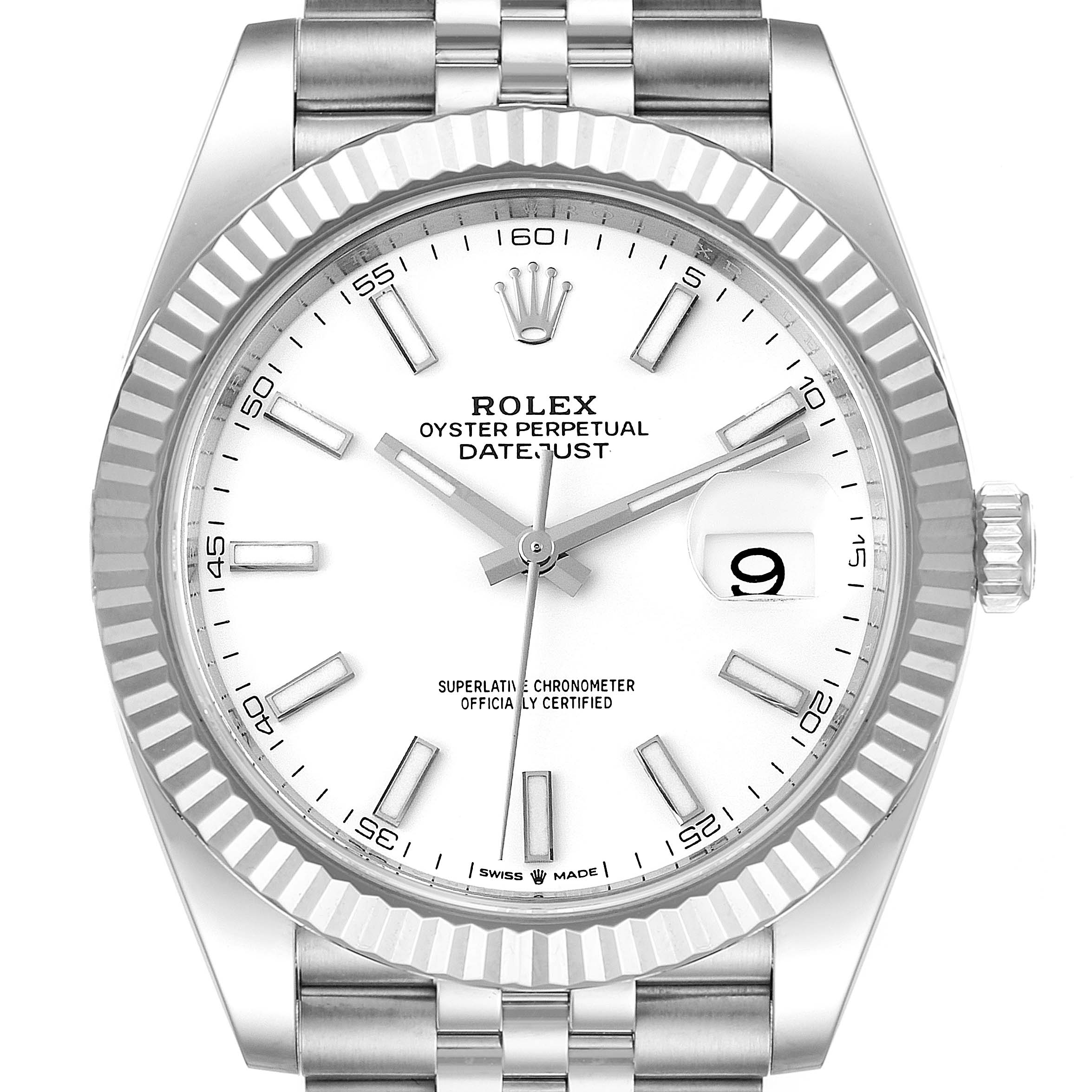 This image shows the Rolex Datejust 41 126334 Men
s Stainless Steel White Dial 126334 Men
s Stainless Steel White Dial watch, displaying its face, bezel, crown, and part of the bracelet from a front angle.