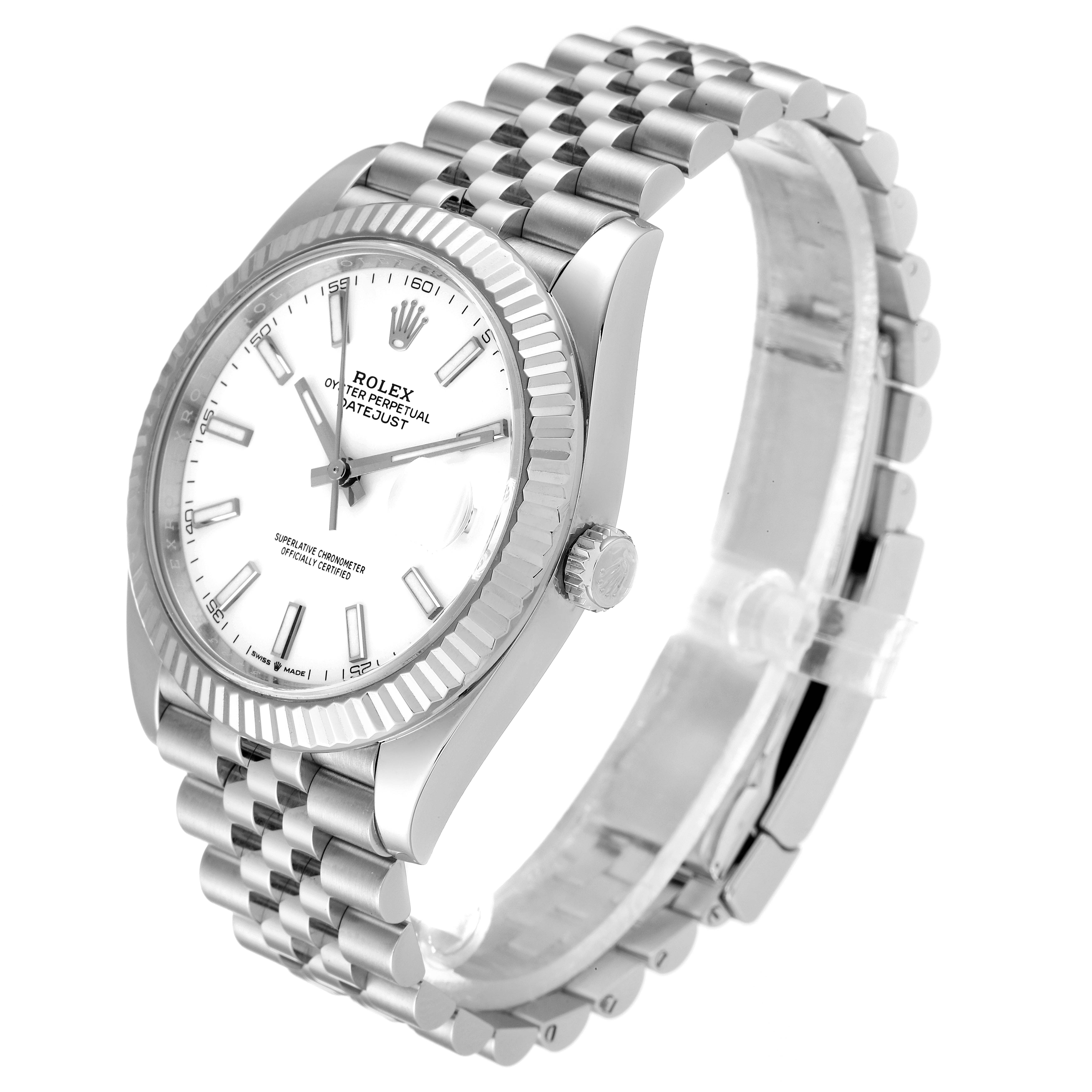 This image shows a three-quarter angle of the Rolex Datejust 41 126334 Men
s Stainless Steel White Dial 126334 Men
s Stainless Steel White Dial watch, highlighting the dial, bezel, bracelet, and crown.