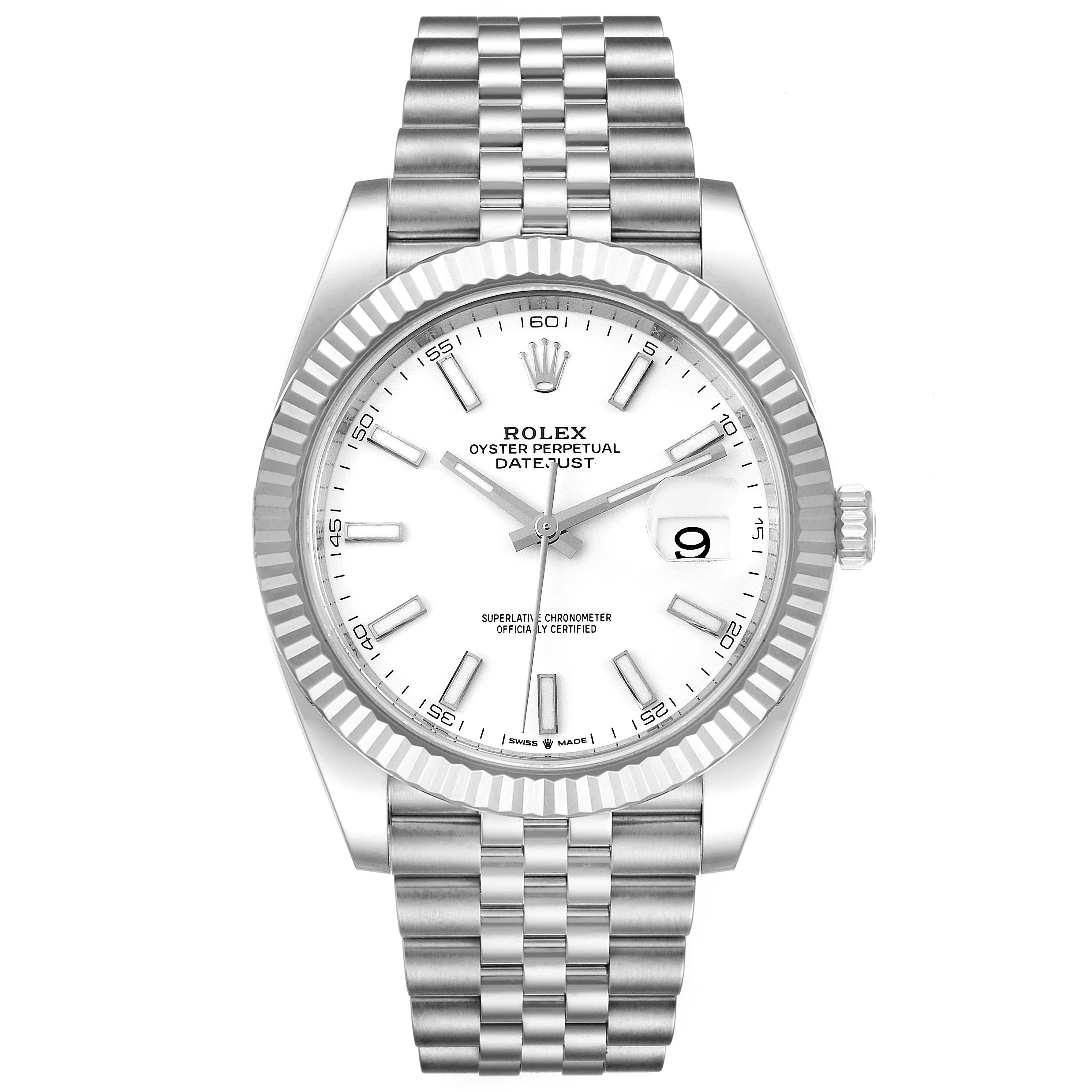 The image shows a front view of the Rolex Datejust 41 126334 Men
s Stainless Steel White Dial 126334 Men
s Stainless Steel White Dial, highlighting the dial, fluted bezel, and Jubilee bracelet.
