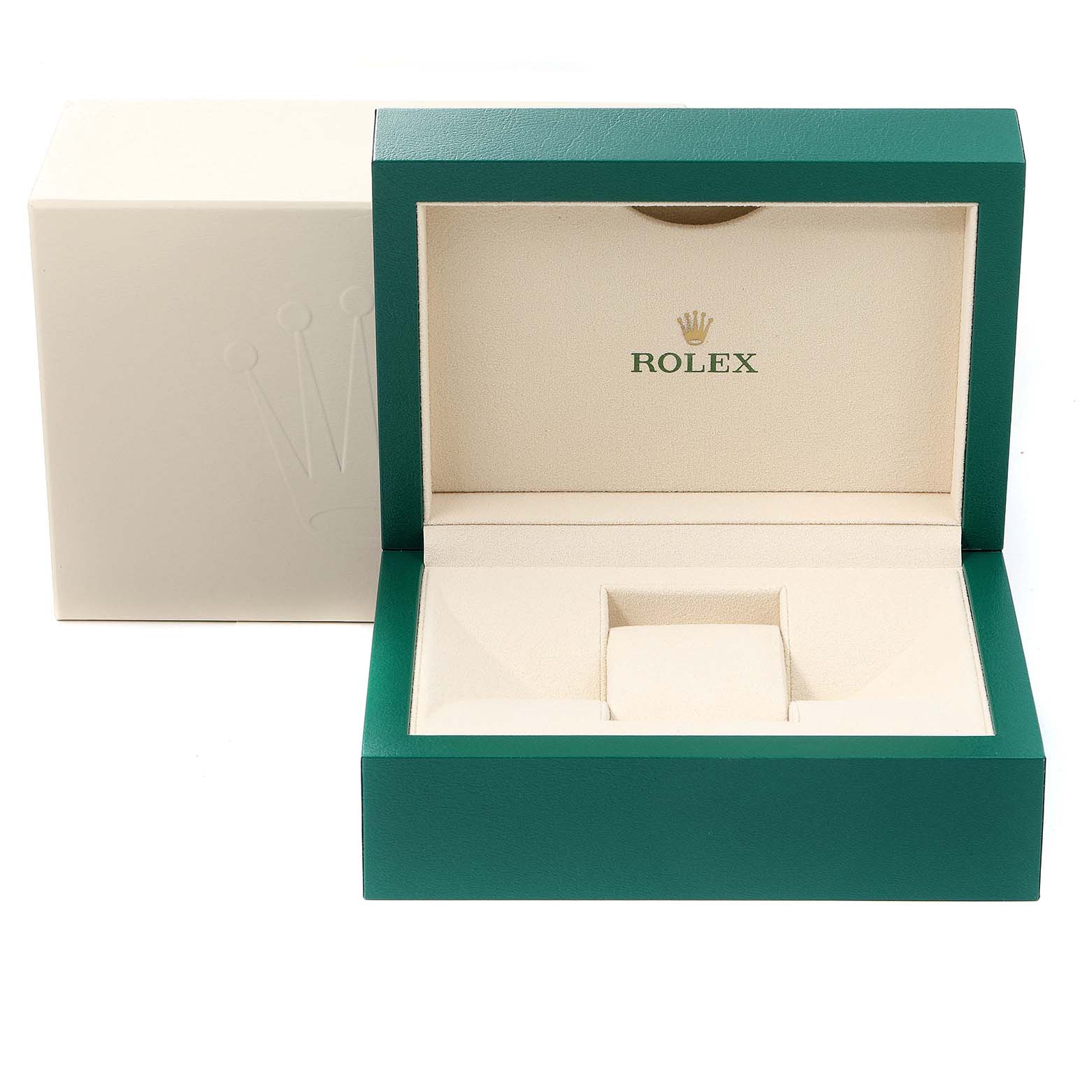 This image shows an open green and beige Rolex Datejust 41 126334 Men
s Stainless Steel White Dial 126334 Men
s Stainless Steel White Dial watch box from a front angle, with a closed outer box behind it.