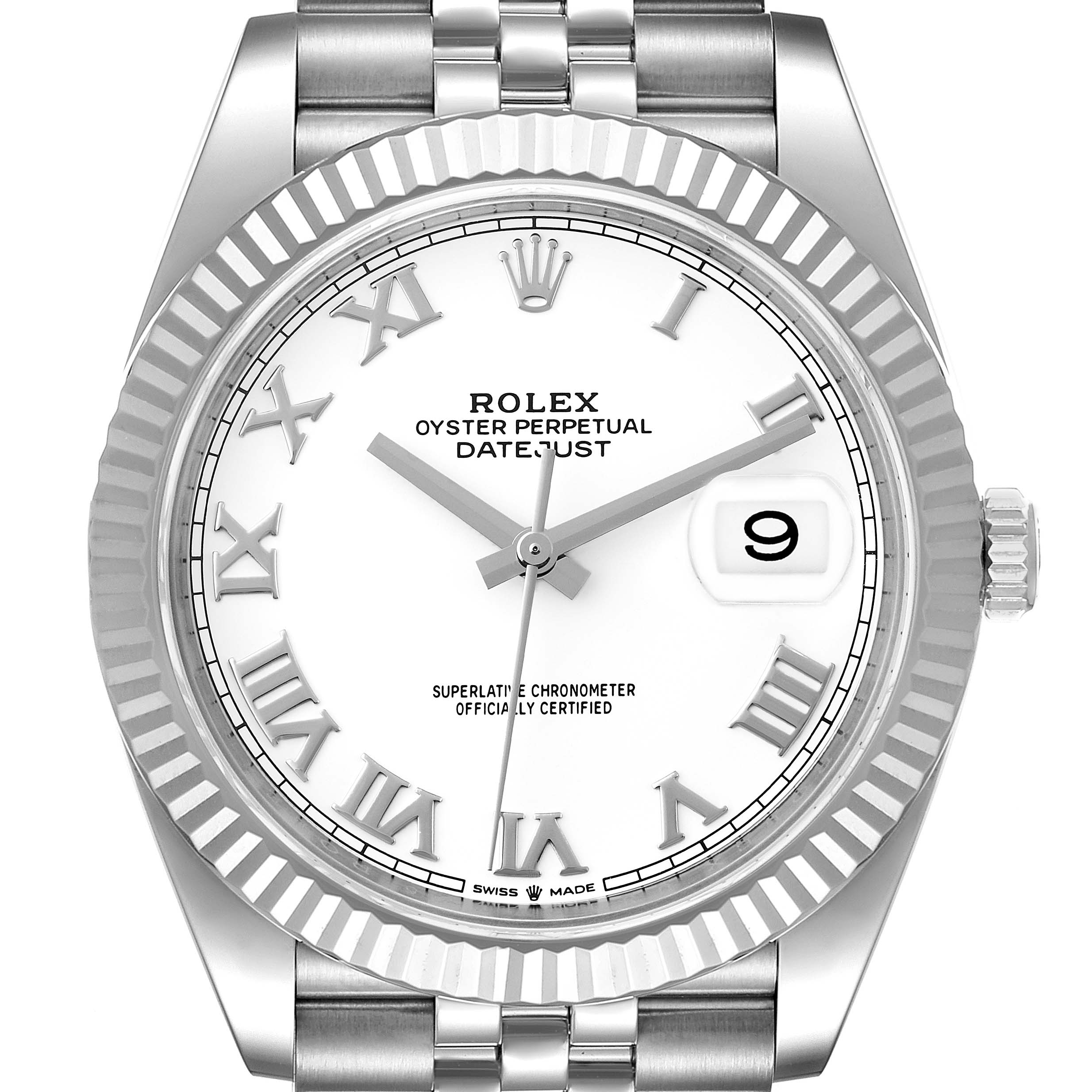 This is a frontal view of a Rolex Datejust 41 126334 Men's Stainless Steel White Dial 126334 Men's Stainless Steel White Dial watch, showing the dial, Roman numerals, date window, and part of the bracelet.