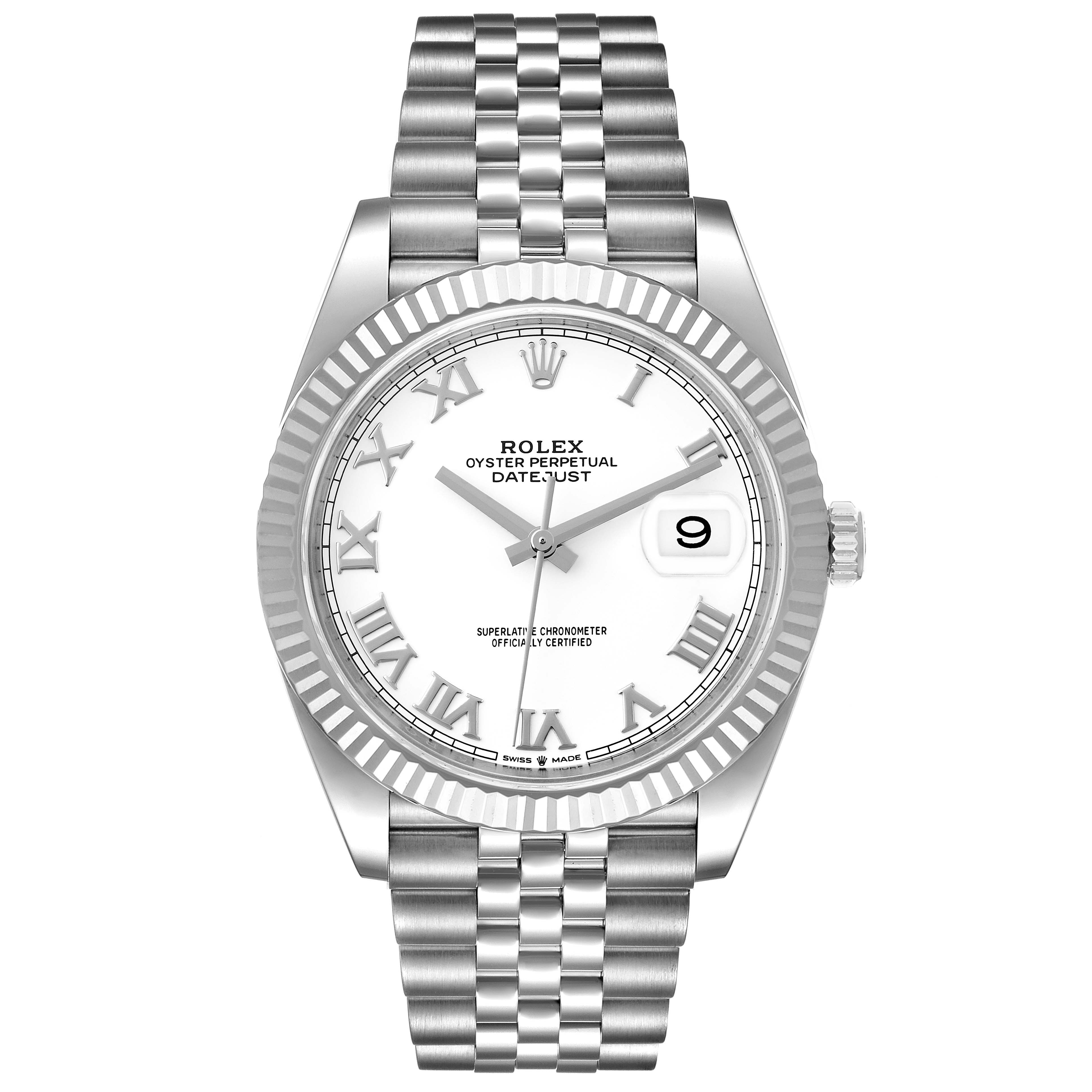 The Rolex Datejust 41 126334 Men's Stainless Steel White Dial 126334 Men's Stainless Steel White Dial watch is shown from the front, highlighting its white dial, Roman numeral markers, jubilee bracelet, fluted bezel, and date window.
